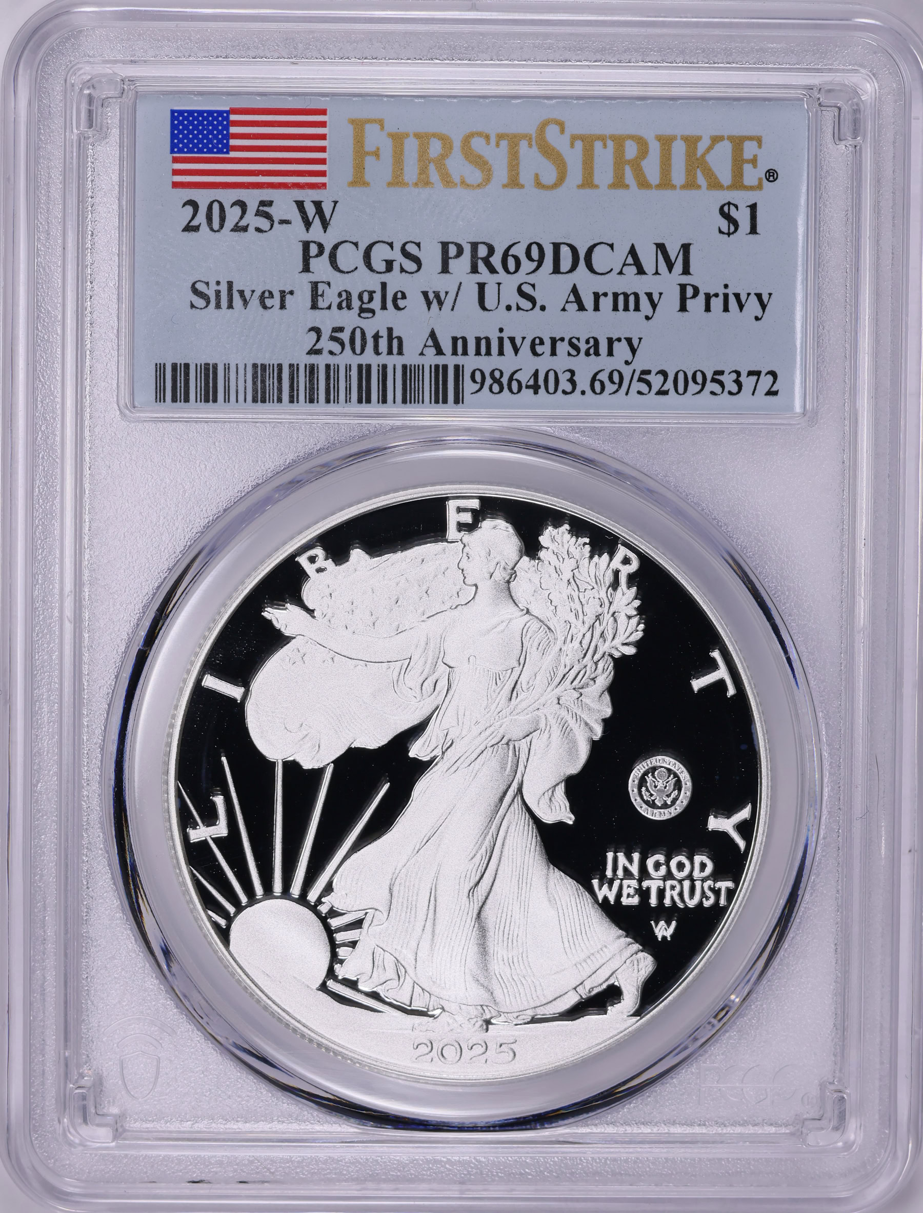 2025-W $1 Silver Eagle U.S. Army Privy 250th Anniversary First
