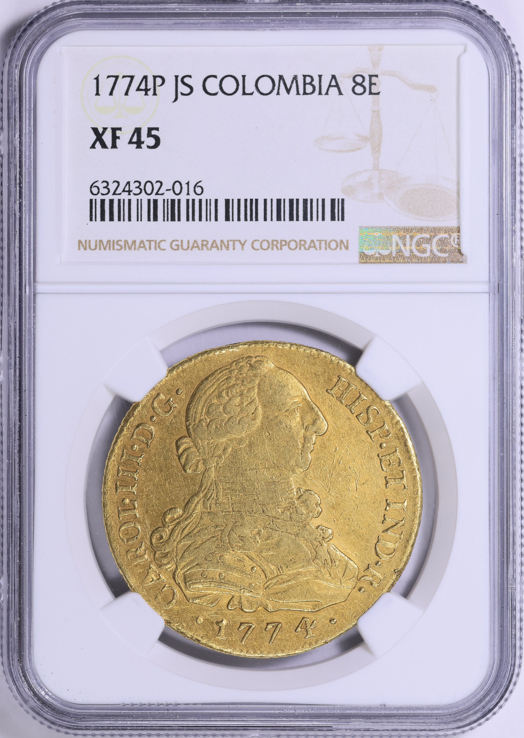 Colombia 1774-P JS Gold 8 Escudos KM-50.2 NGC XF-45 (AGW = 0.7841