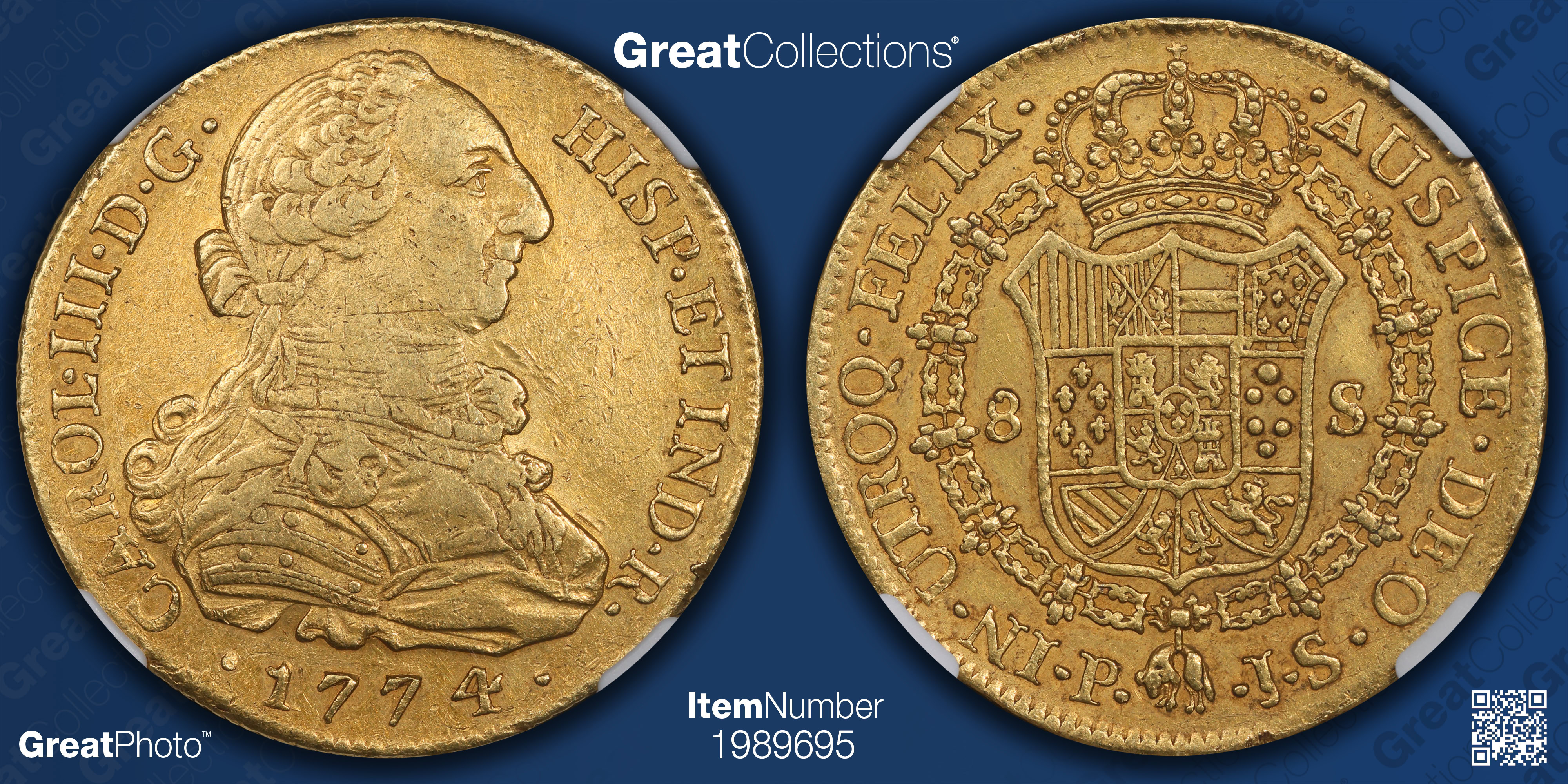 Colombia 1774-P JS Gold 8 Escudos KM-50.2 NGC XF-45 (AGW = 0.7841