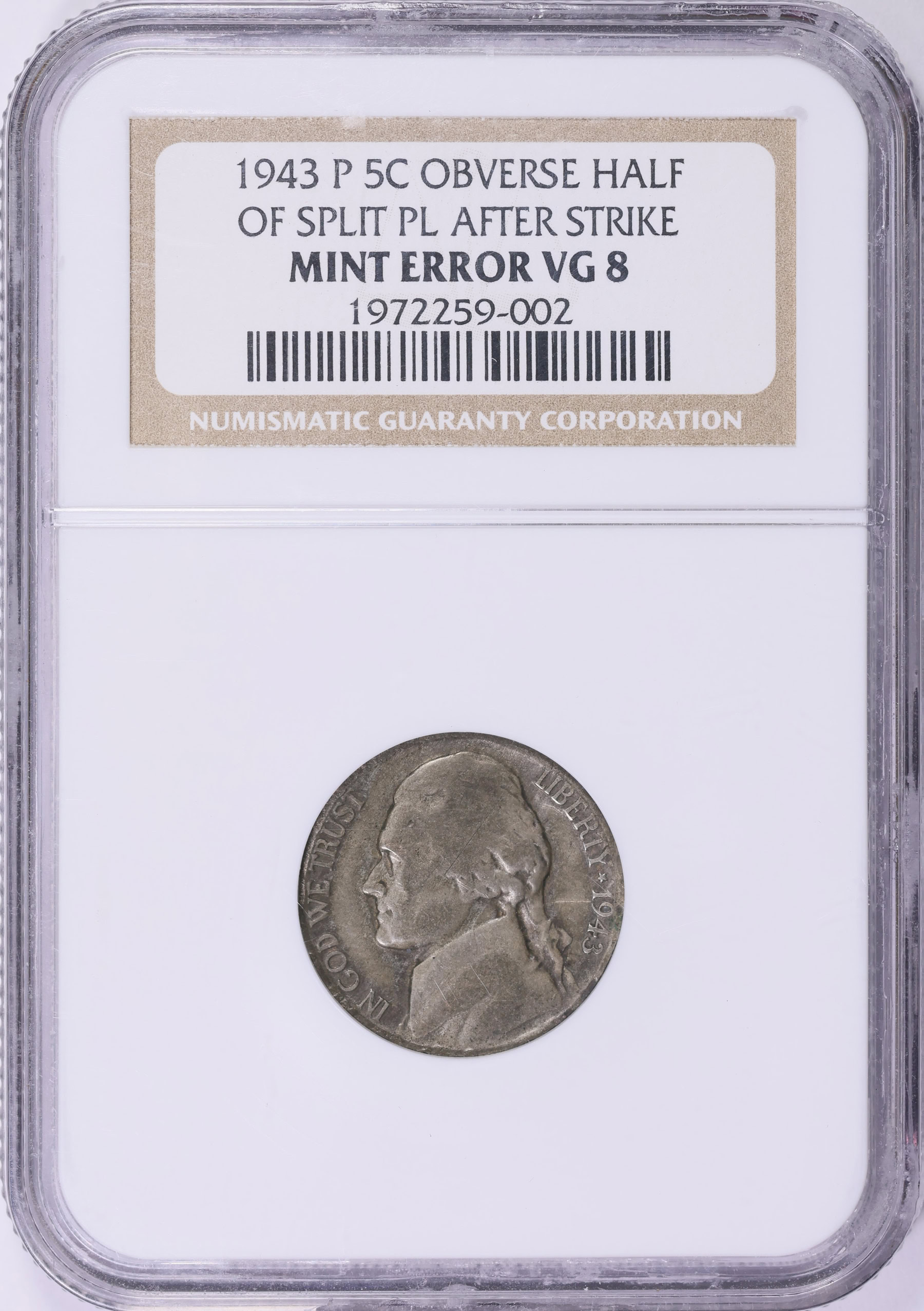 Mint Error 1943-P Jefferson Nickel Obverse Half of Split Planchet