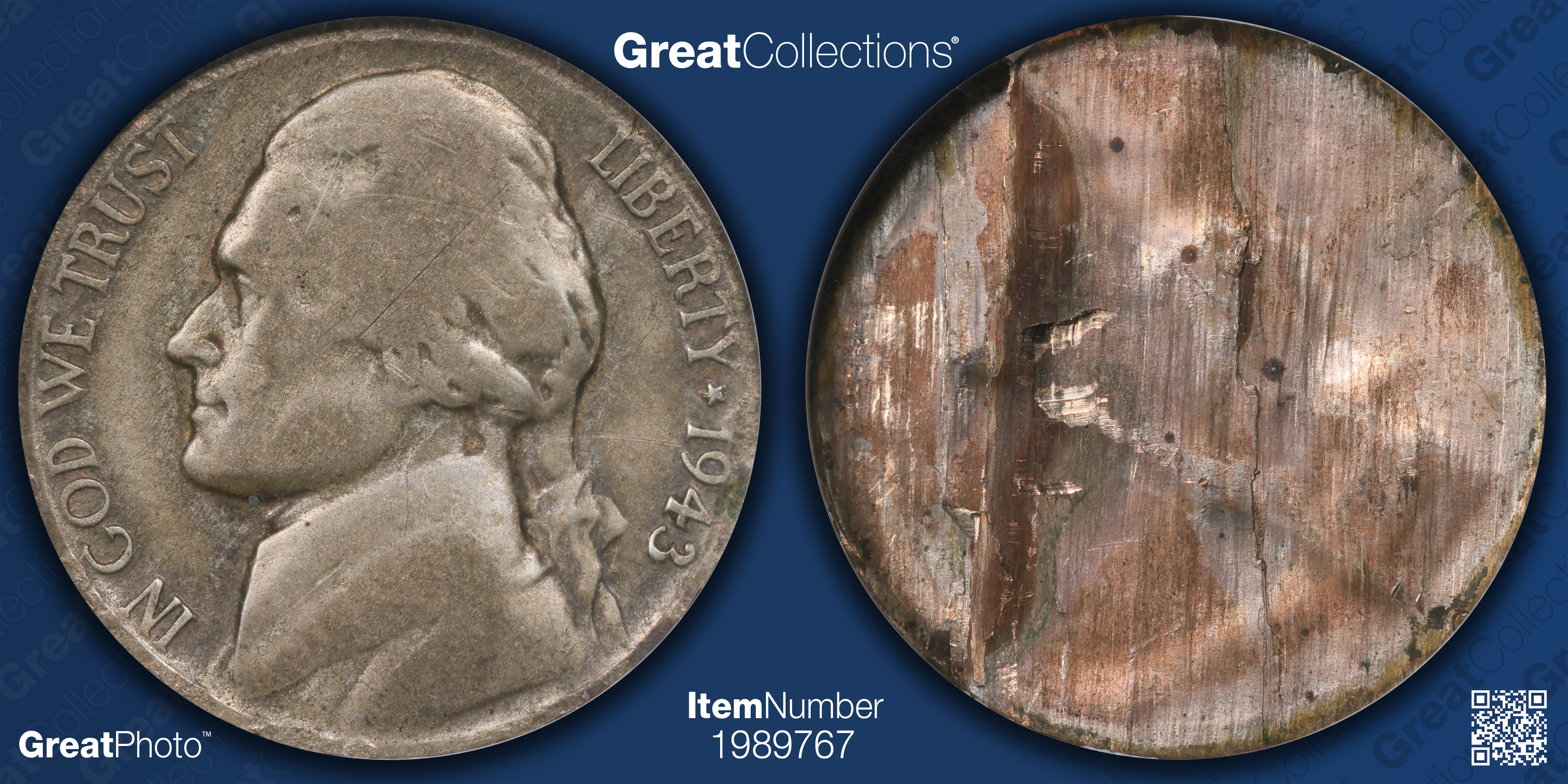 Mint Error 1943-P Jefferson Nickel Obverse Half of Split Planchet