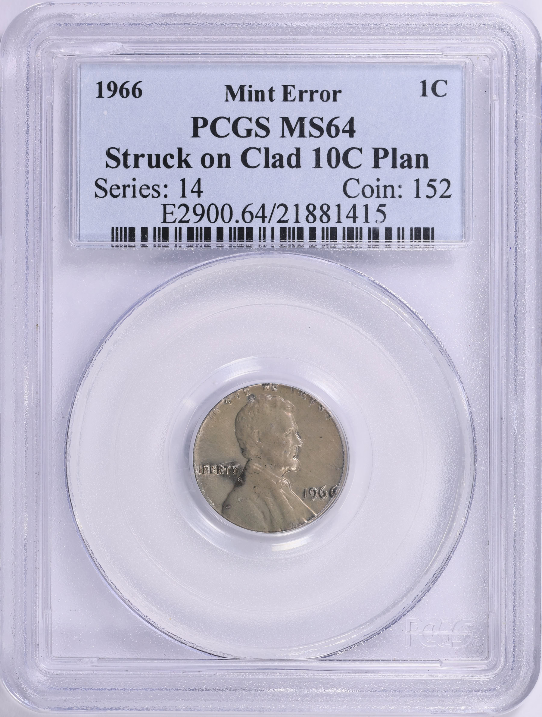 Mint Error 1966 Lincoln Cent Struck on Clad 10c Planchet PCGS MS