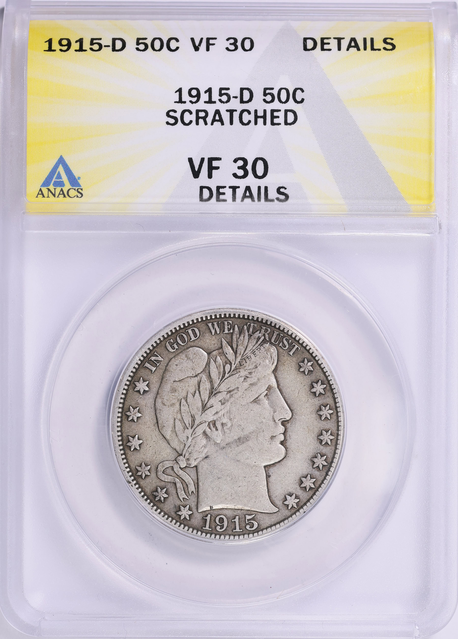 1915-D Barber Half Dollar ANACS VF-30 Details (Item 1991790