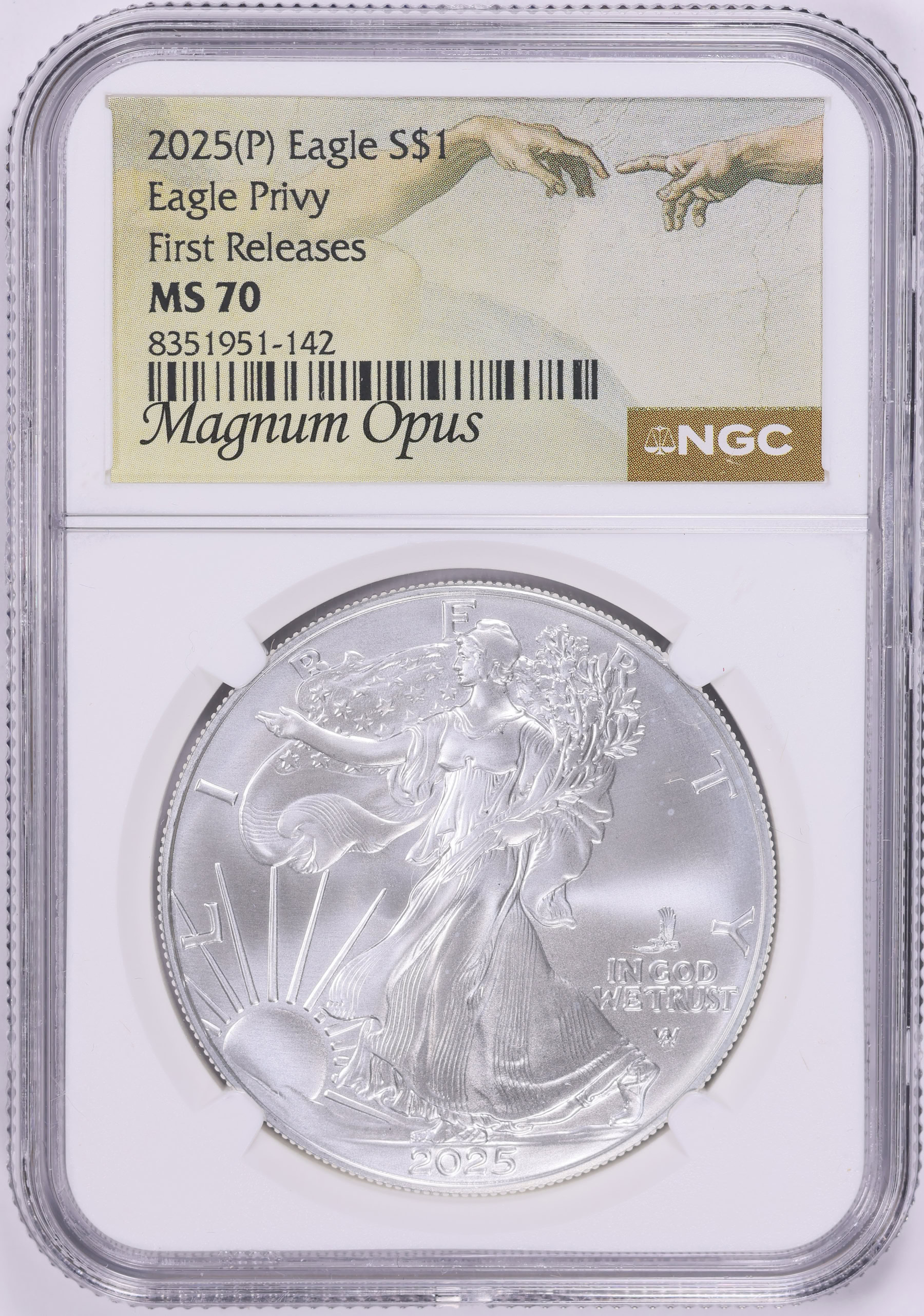 thumbnail image 2 of 2025 (P) $1 American Silver Eagle – First Eagle Privy – PCGS MS70 Blue Label – 1 Oz .999 Silver, US Mint 2 of 3