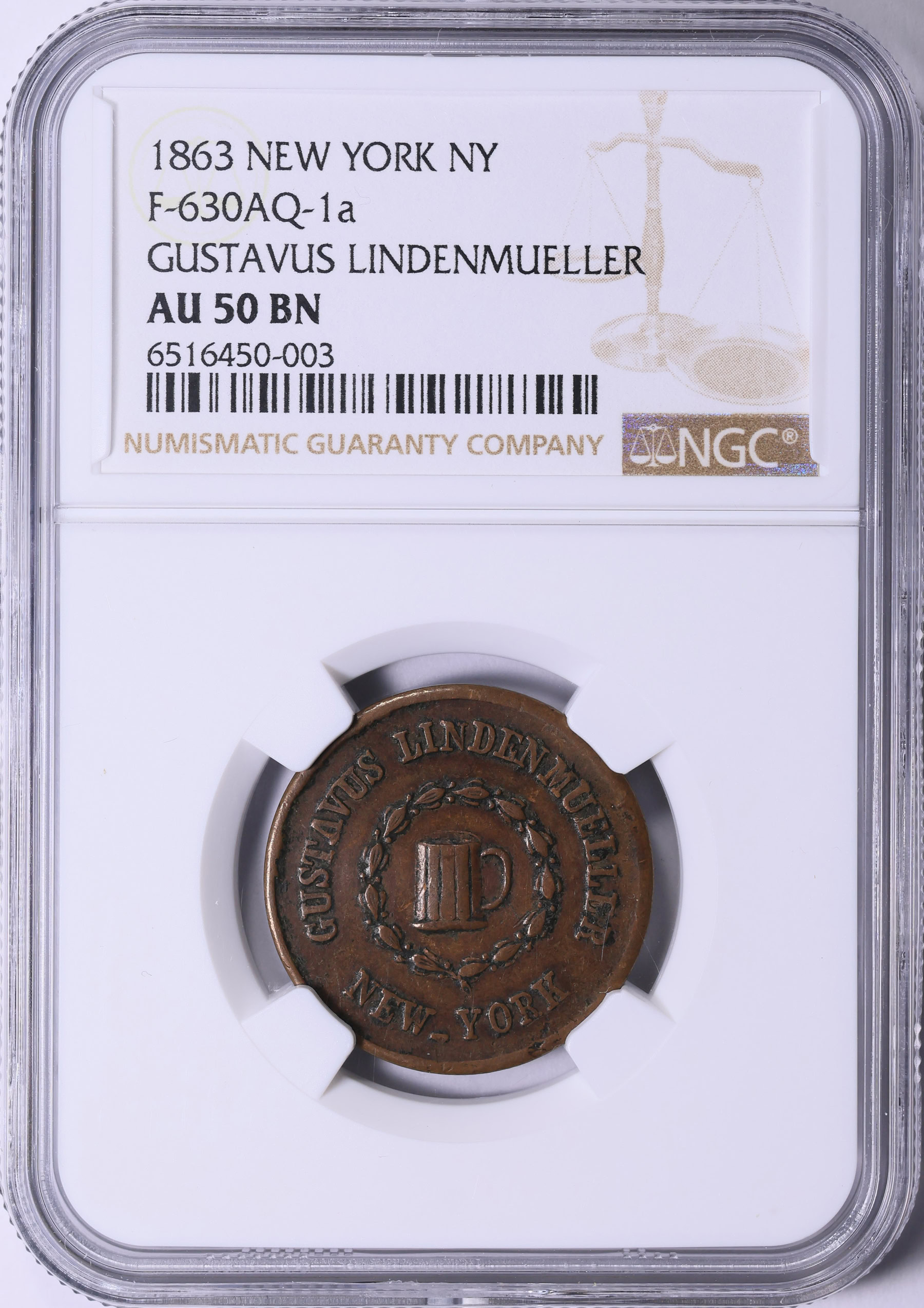 1863 New York City, New York Gustavus Lindenmueller Civil War Token F ...