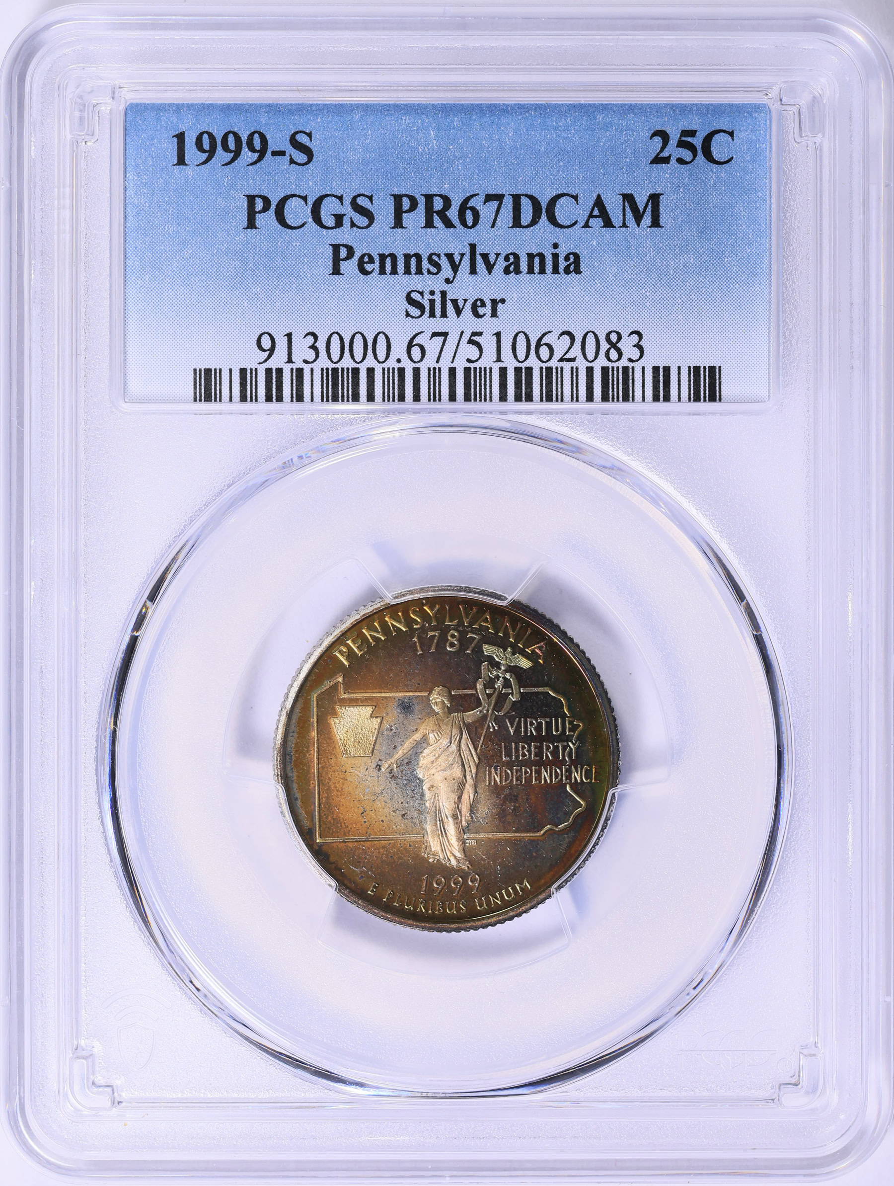 1999-S State Quarter Pennsylvania Silver PCGS Proof-67 DCAM (Toned