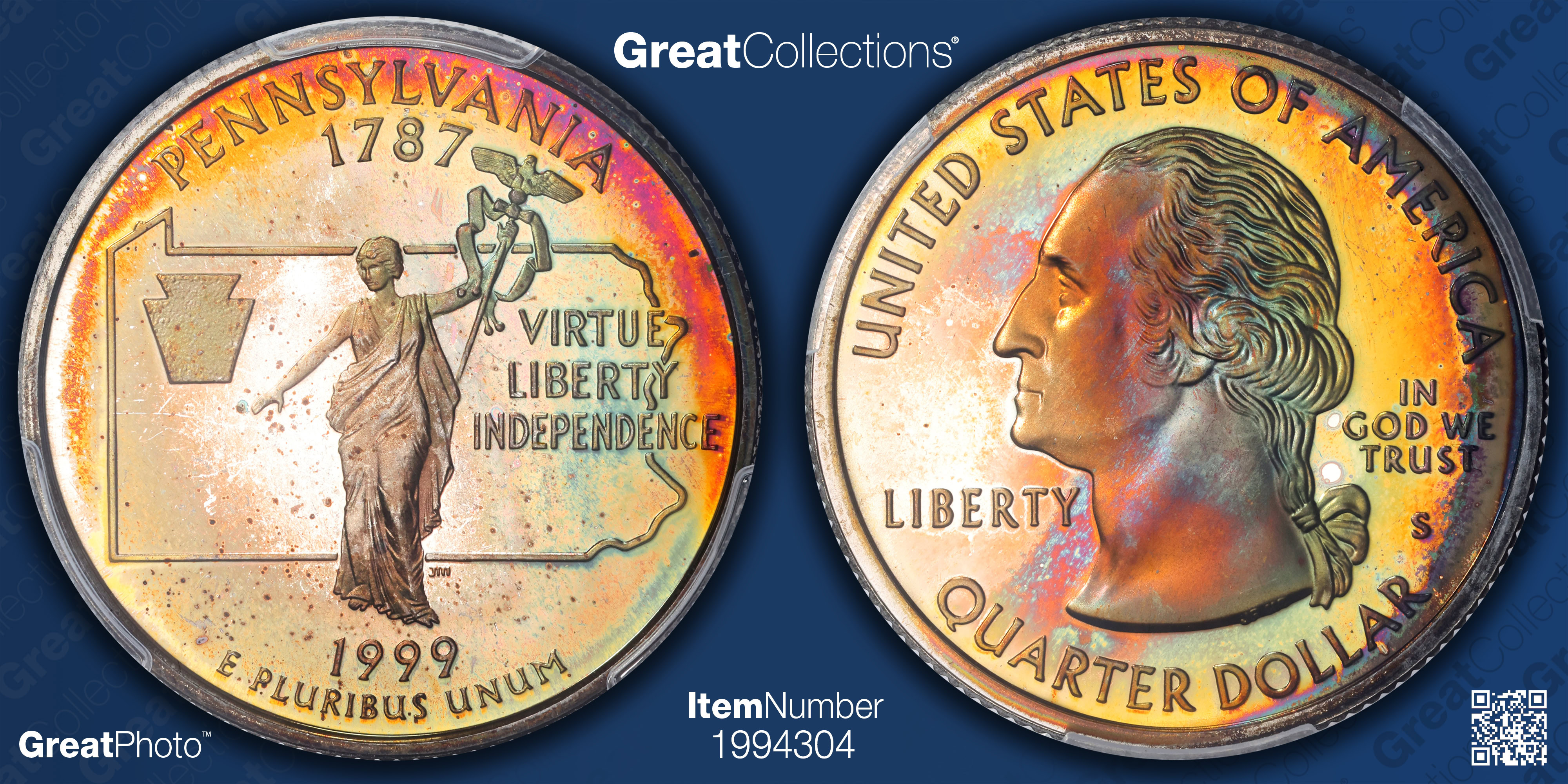 1999-S State Quarter Pennsylvania Silver PCGS Proof-67 DCAM (Toned
