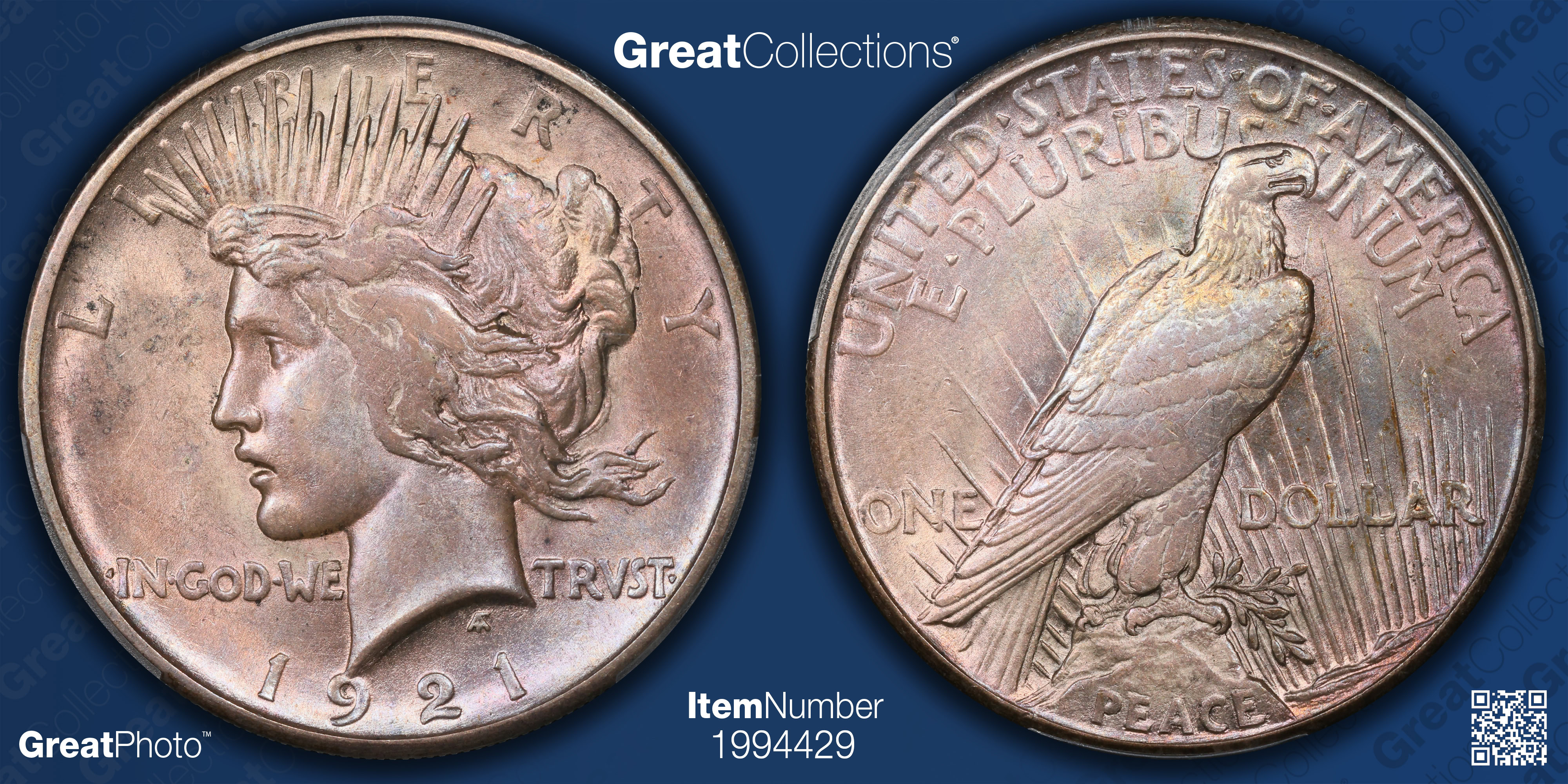 アメリカ合衆国 鷲と女性デザイン  1921 1921 Peace Silver Dollar High Relief PCGS MS-62 (Toned) (Item