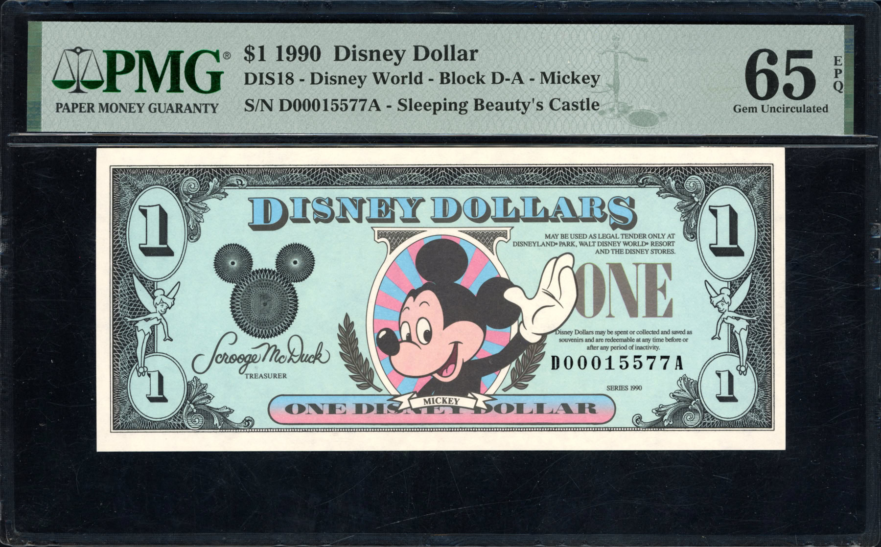 1990 Disney World $1 Disney Dollar Mickey / Sleeping Beauty's