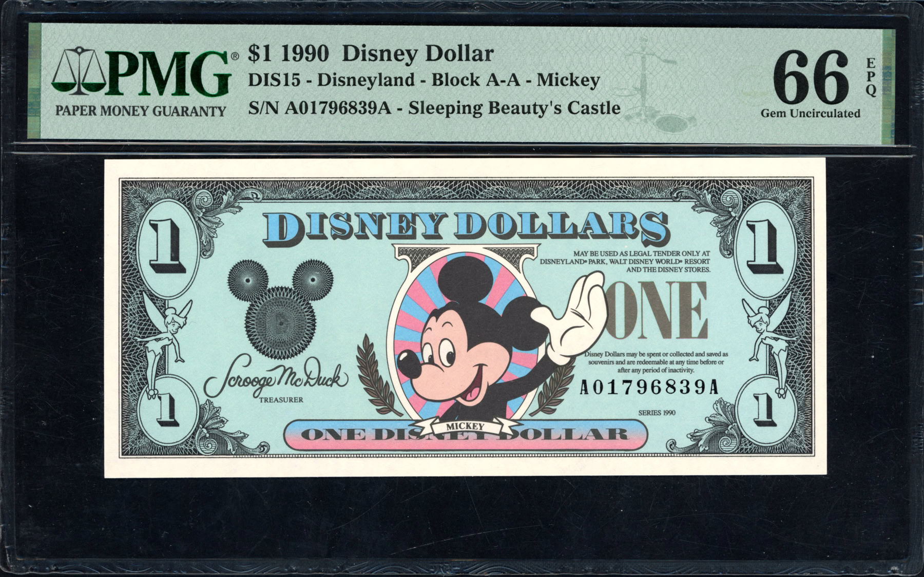 1990 Disneyland $1 Disney Dollar Mickey / Sleeping Beauty's Castle