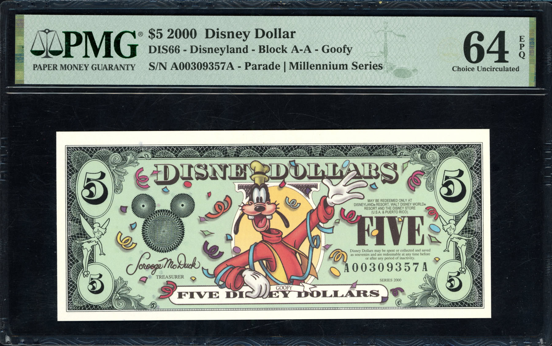 2000 Disneyland $5 Disney Dollar Goofy / Parade / Millennium
