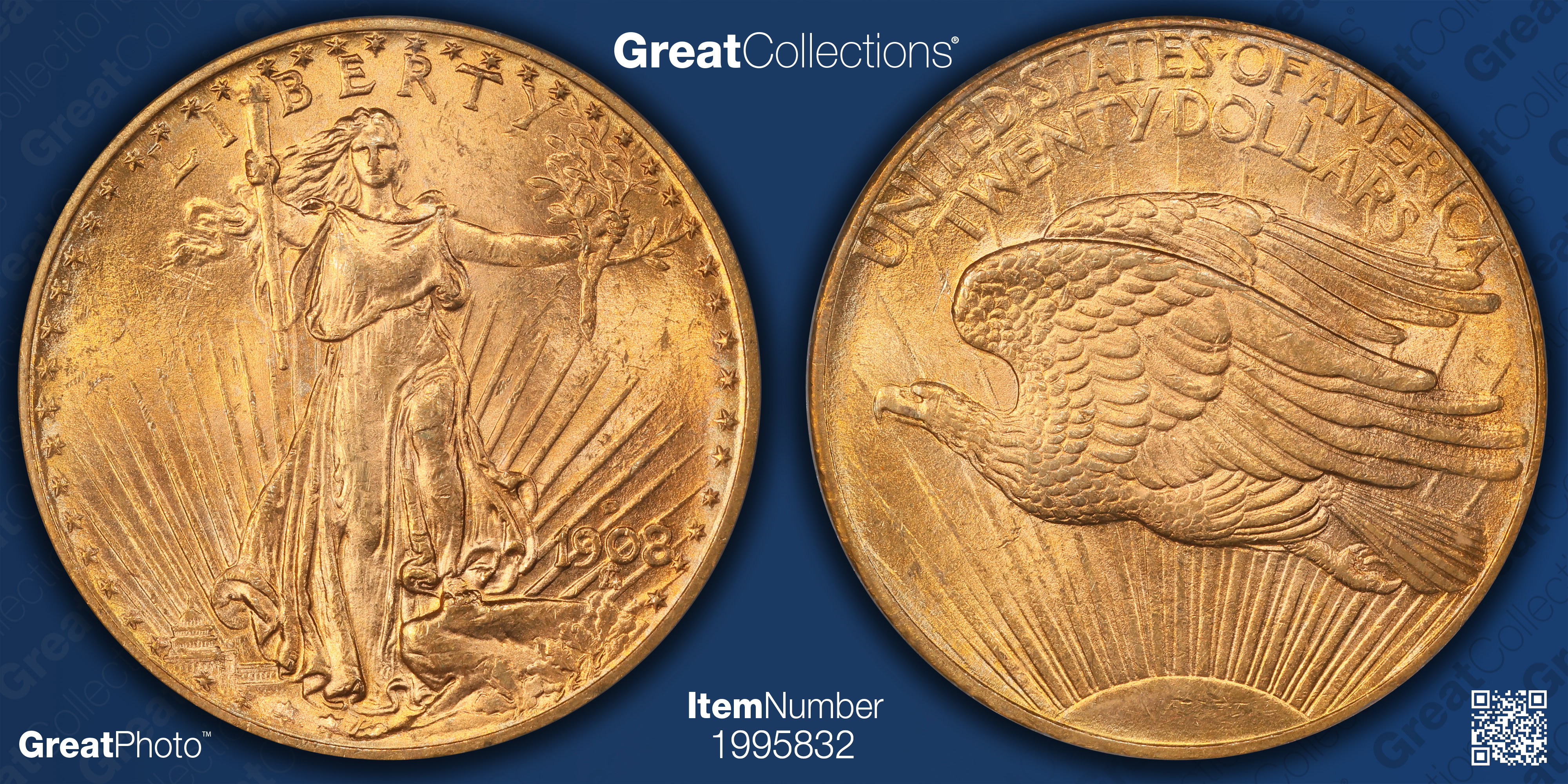 1908-D Saint-Gaudens Gold Double Eagle No Motto ICG MS-65 (Item