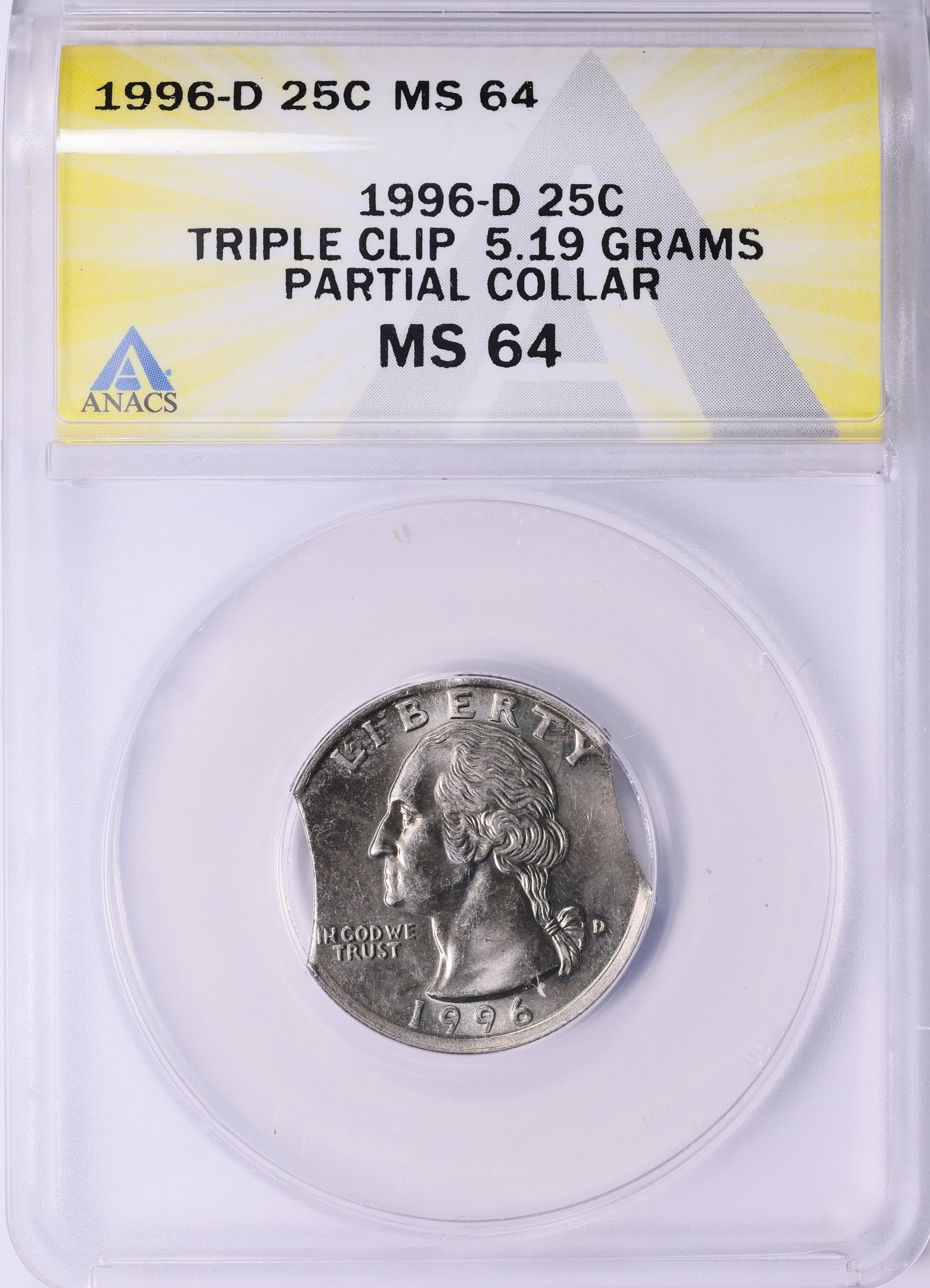 Mint Error 1996-D Washington Quarter Triple Clip 5.19 Grams