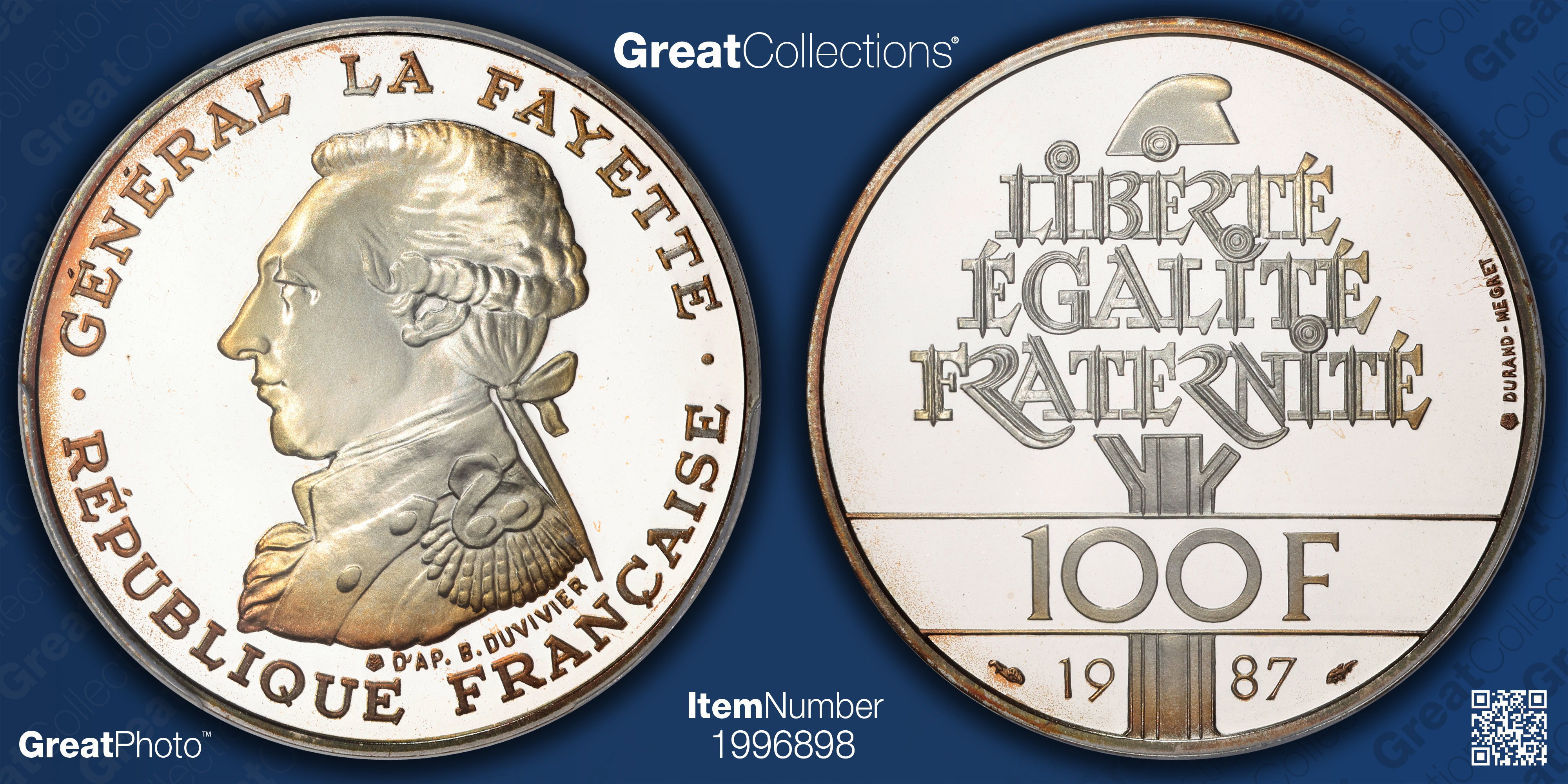 France 1987 Silver 100 Francs Birth of General LaFayette 230th