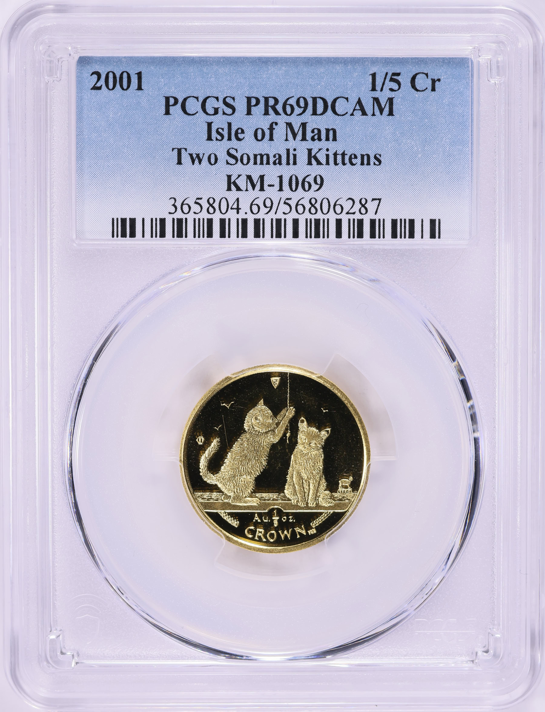 Isle of Man 2001 Gold 1/5 Crown Two Somali Kittens KM-1069 PCGS