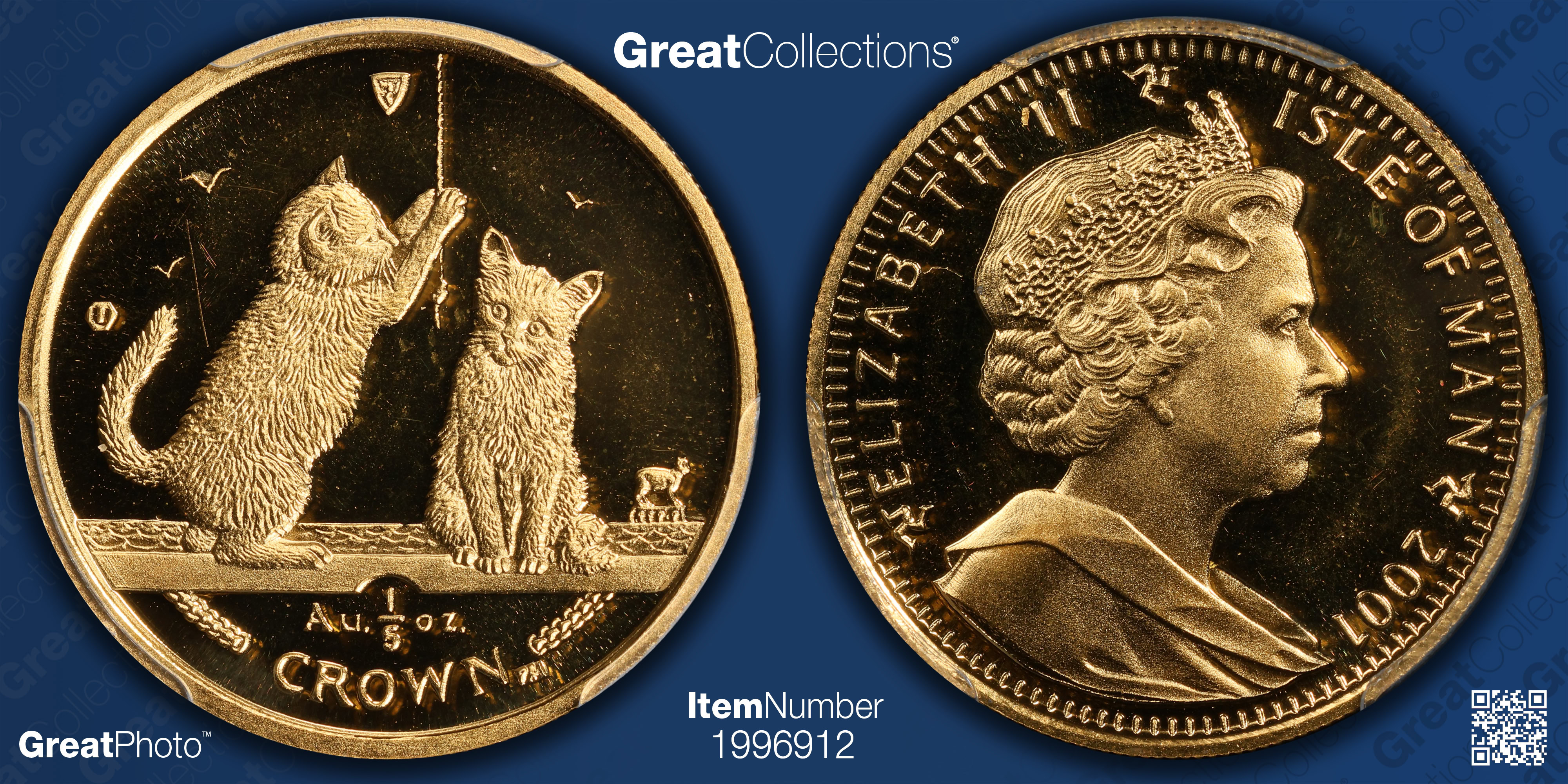 Isle of Man 2001 Gold 1/5 Crown Two Somali Kittens KM-1069 PCGS