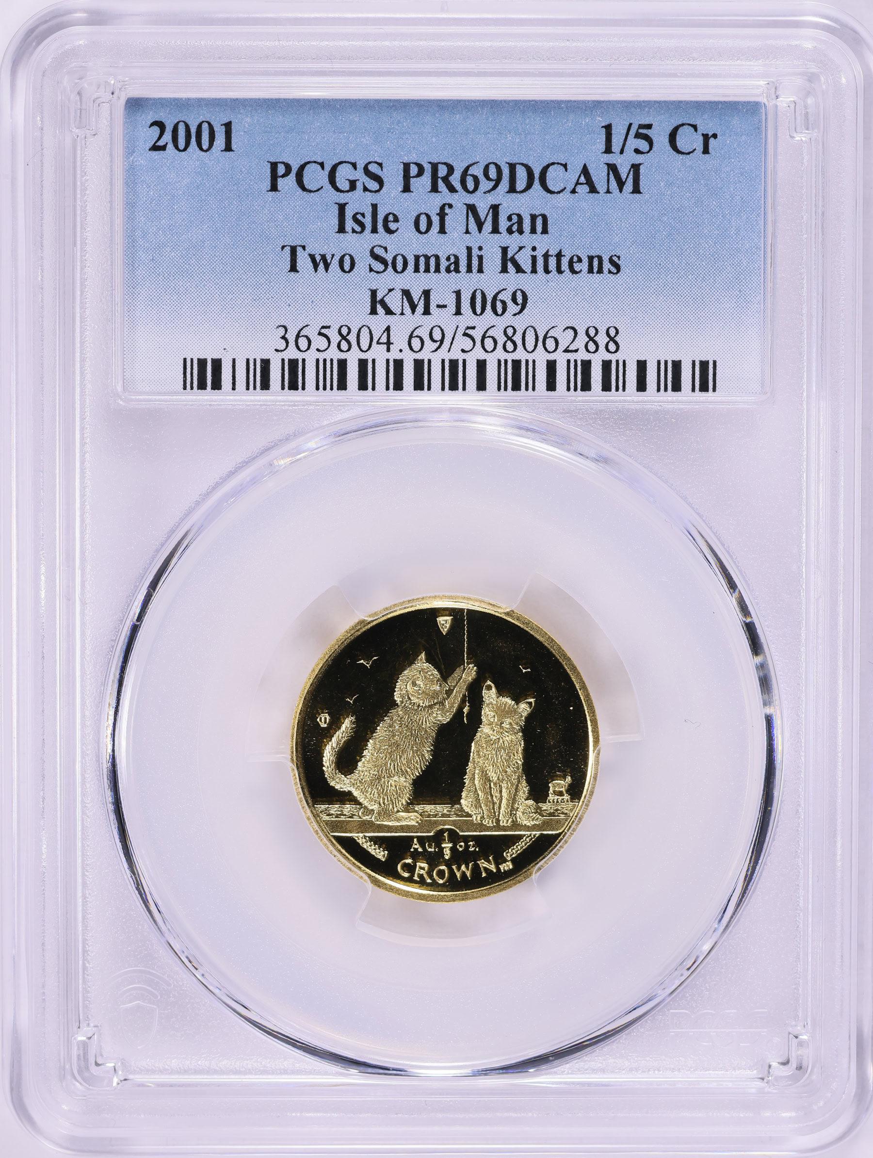 Isle of Man 2001 Gold 1/5 Crown Two Somali Kittens KM-1069 PCGS