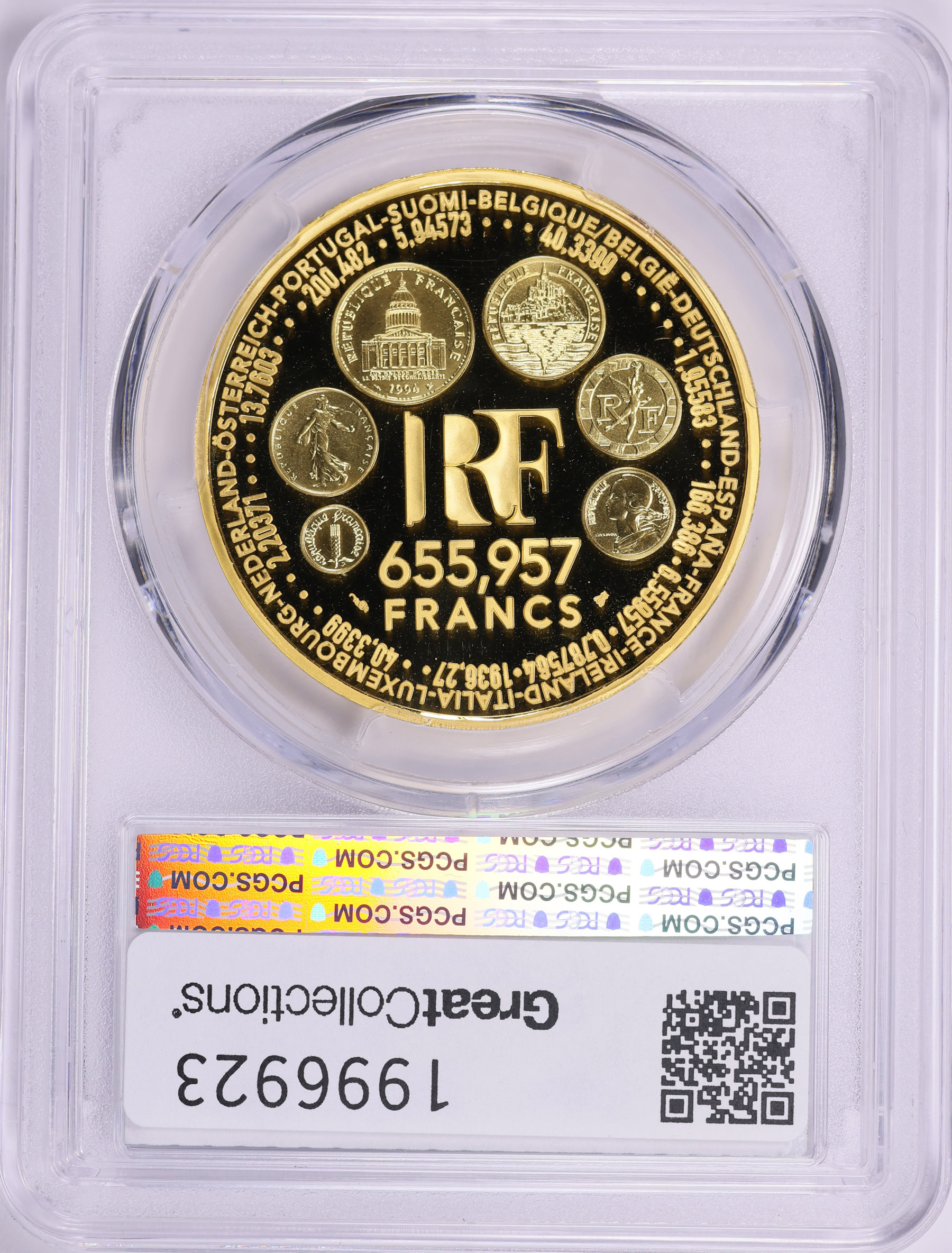 France 1999 Gold 655.957 Francs Europa KM-1257 PCGS Proof-69 DCAM