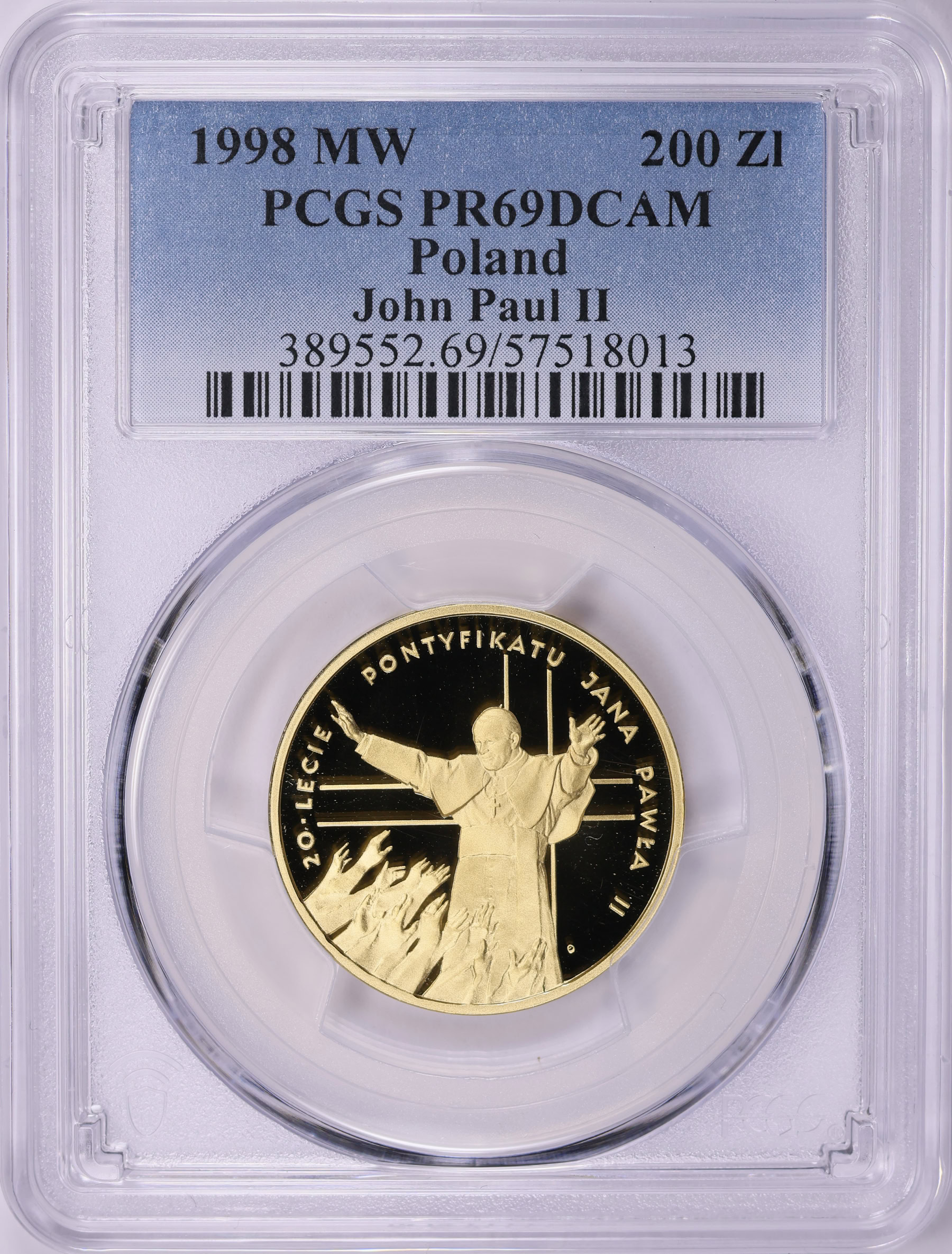 Poland 1998-MW Gold 200 Zlotych John Paul II Y-346 PCGS Proof-69