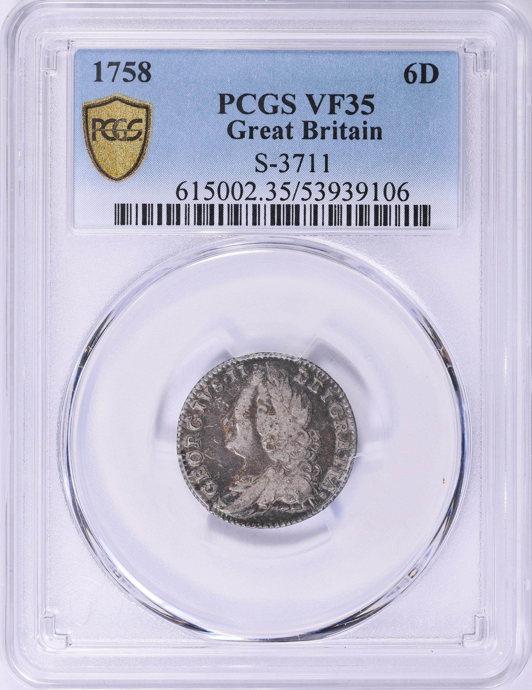 Great Britain 1758 Silver 6 Pence KM-582.2 PCGS VF-35 (Item