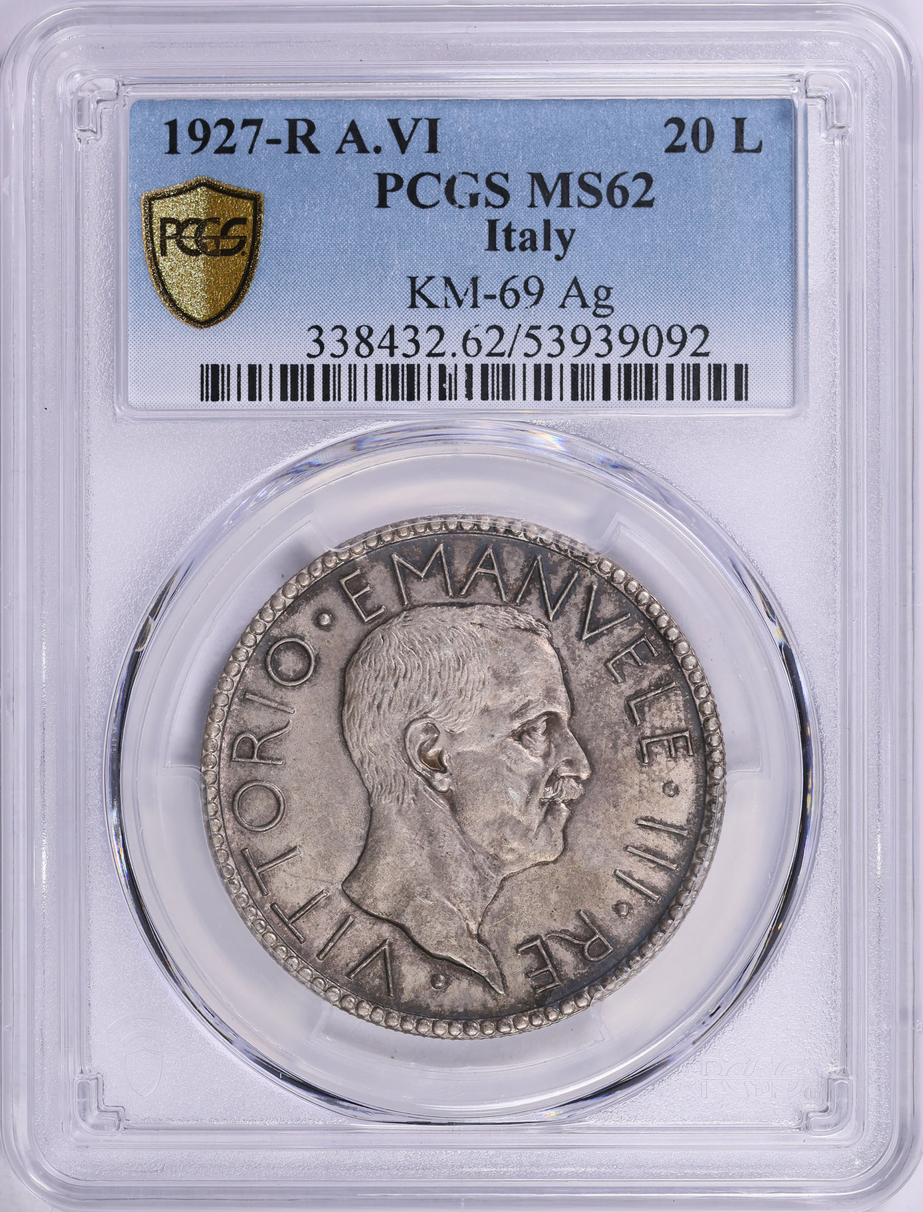 Italy 1927-R A.VI Silver 20 Lire KM-69 PCGS MS-62 (Item 1997097