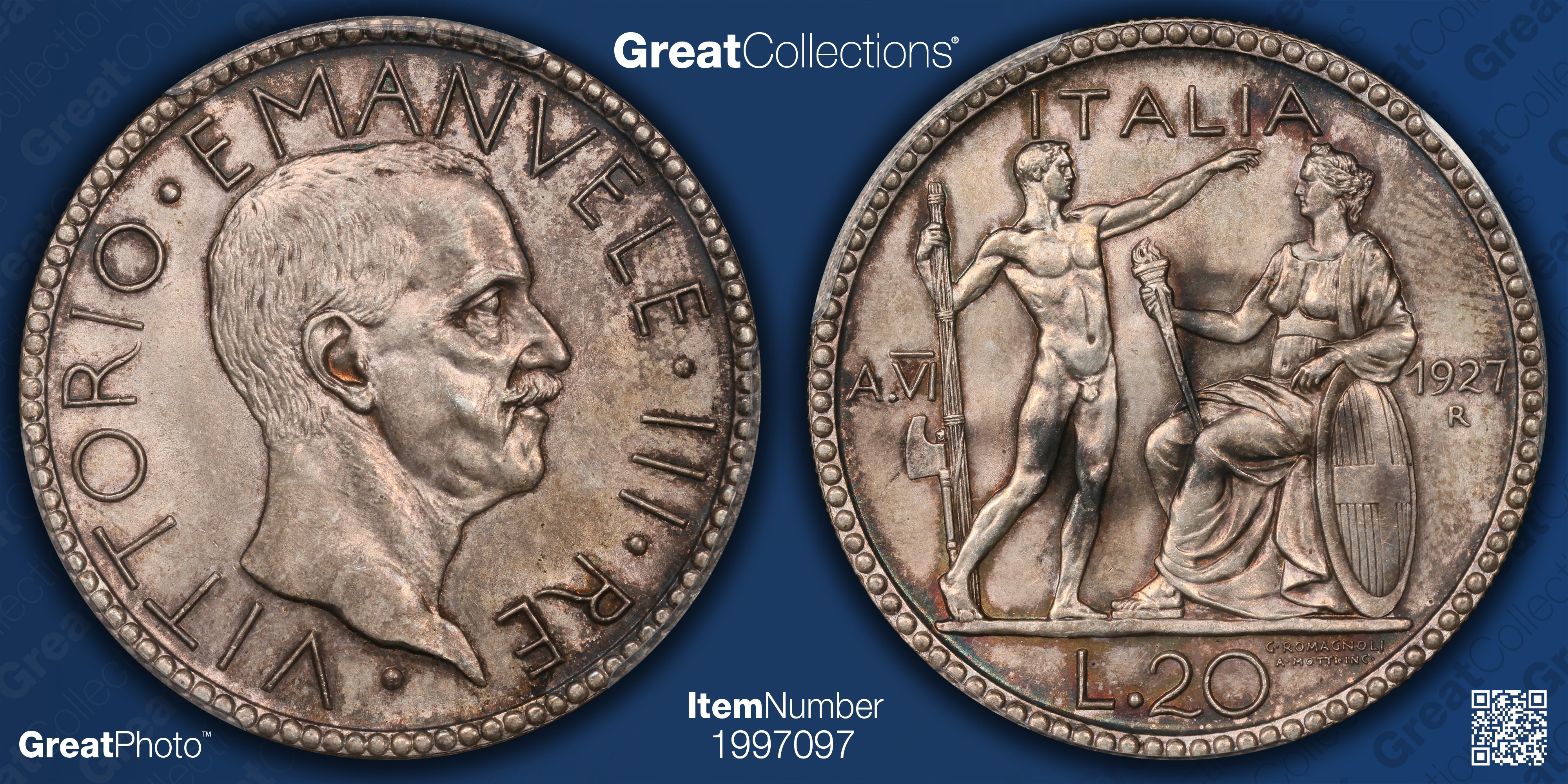 Italy 1927-R A.VI Silver 20 Lire KM-69 PCGS MS-62 (Item 1997097
