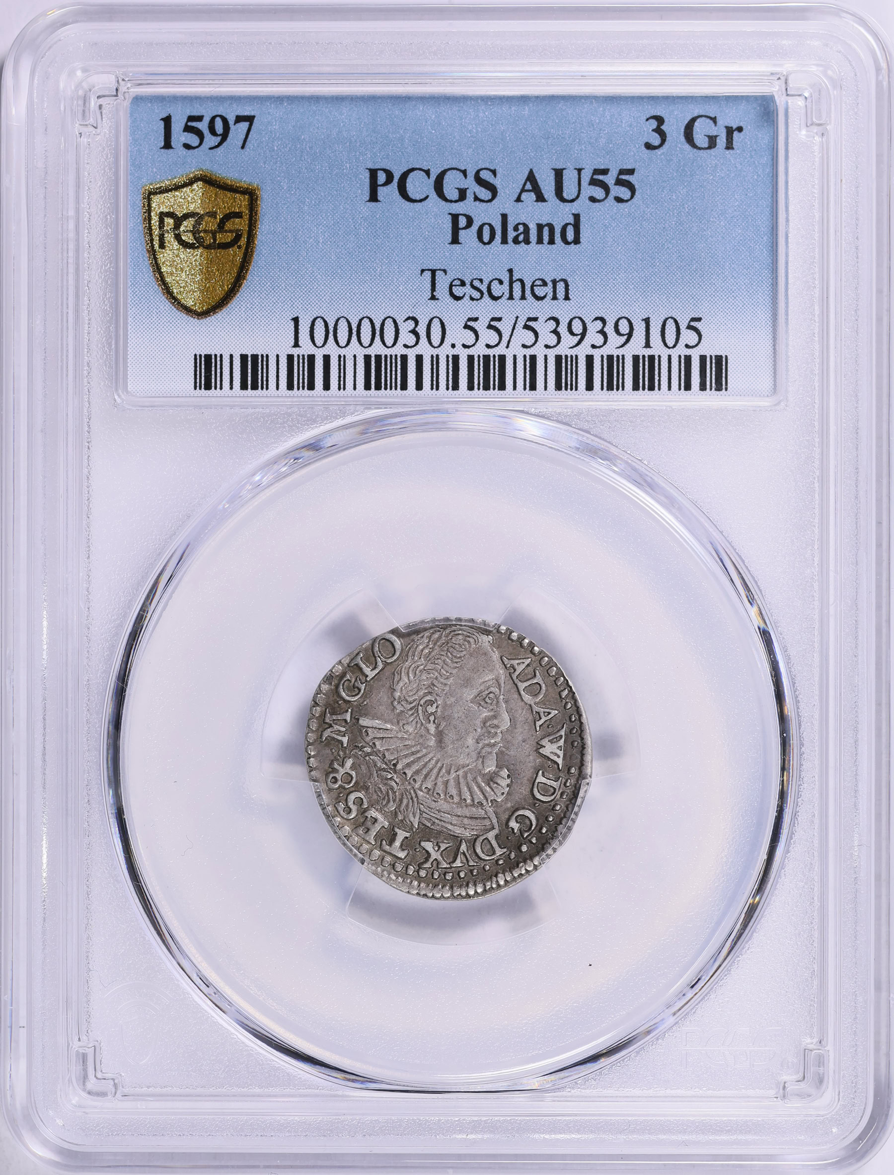 Poland 1597 Silver 3 Groszy Teschen Mint PCGS AU-55 | PCGS Cert