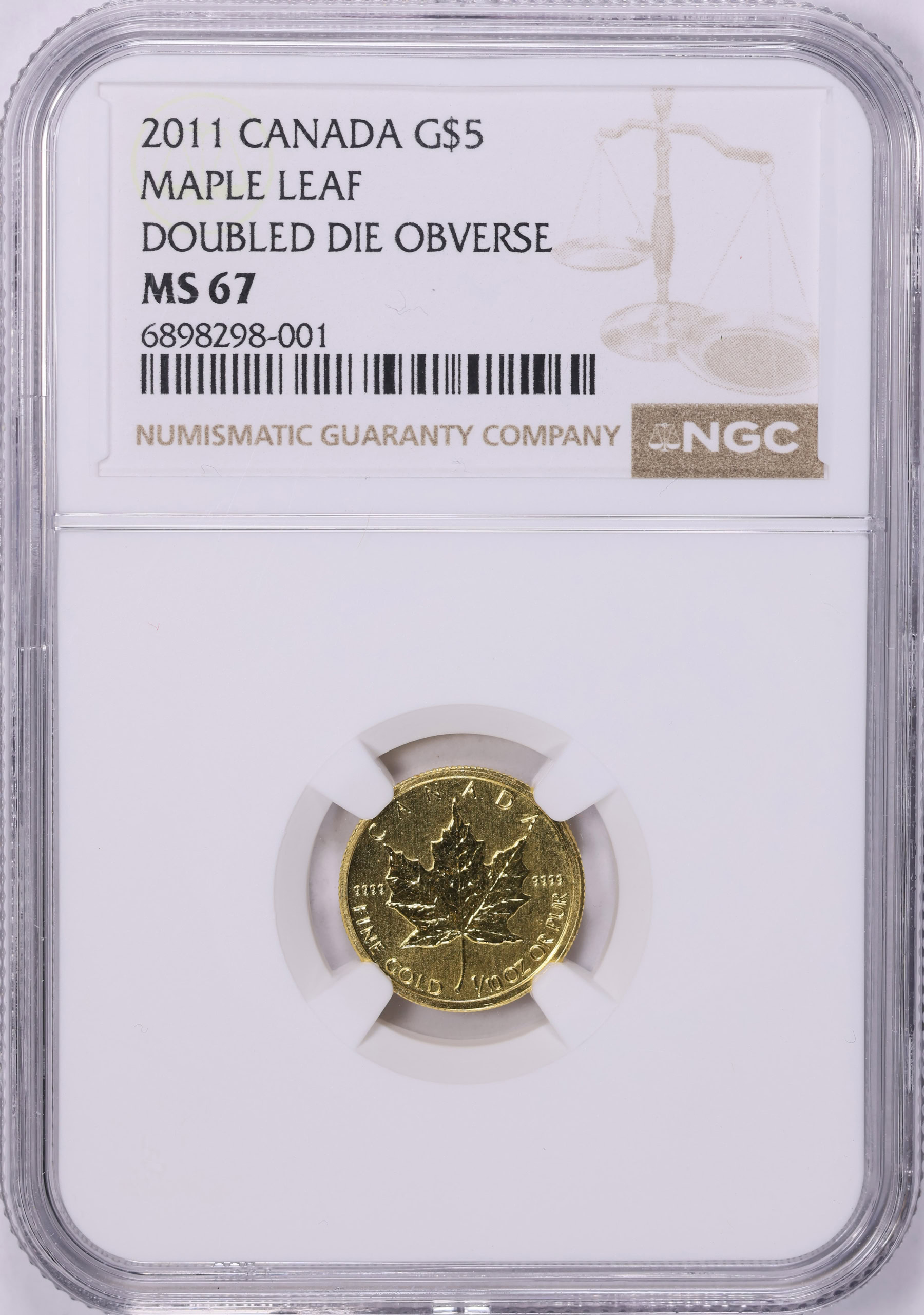 Canada 2011 Gold $5 Maple Leaf Doubled Die Obverse KM-929 NGC MS
