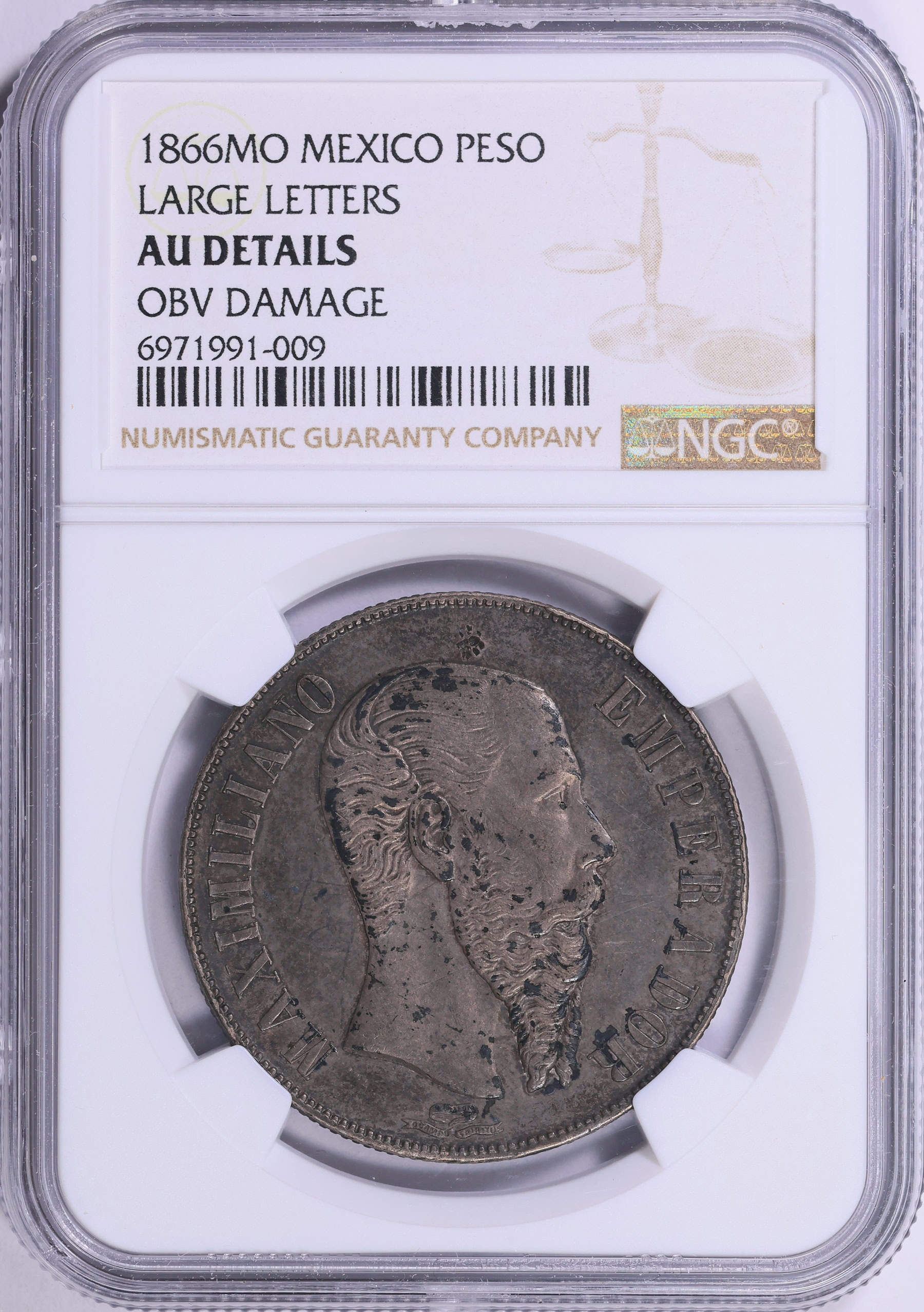Mexico - Empire of Maximilian 1866-Mo Silver Peso Large Letters KM-388.1  NGC AU Details (Item 1997759) | GreatCollections Coin Auctions