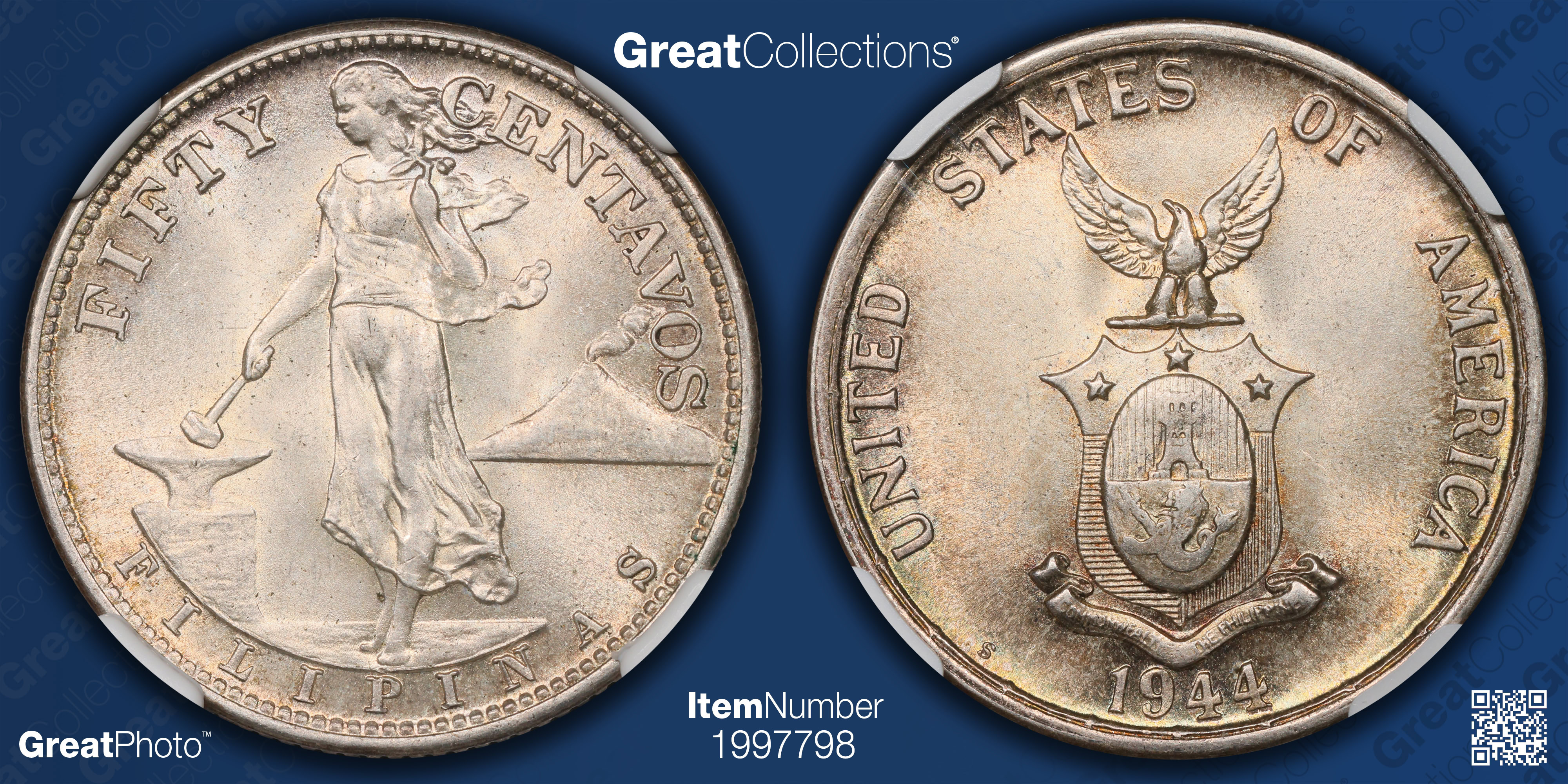 1944-S U.S. Philippines Fifty Centavos NGC MS-64 (Item 1997798