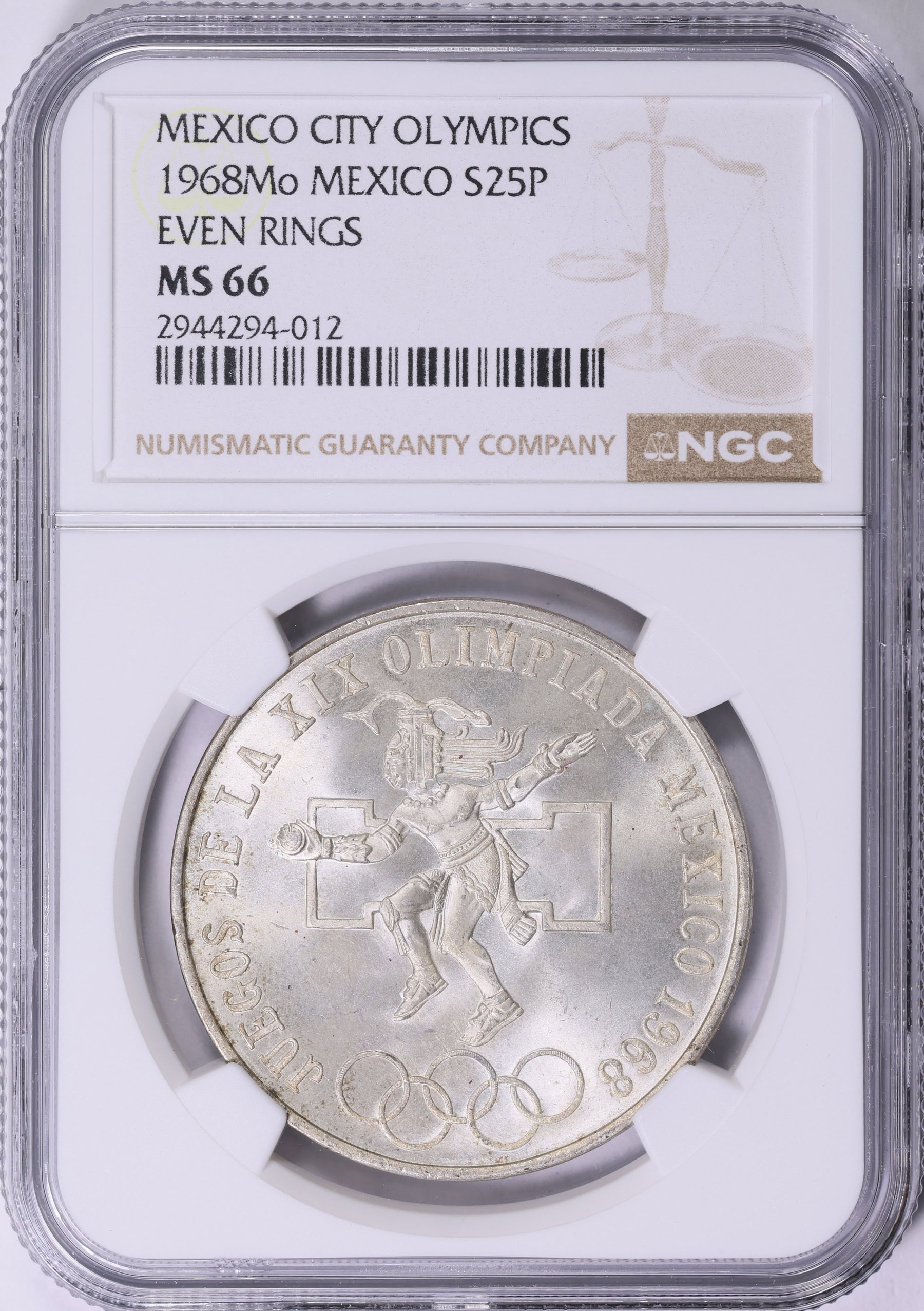 Mexico 1968-Mo Silver 25 Pesos Olympics Type 1 KM-479.1 NGC MS-66