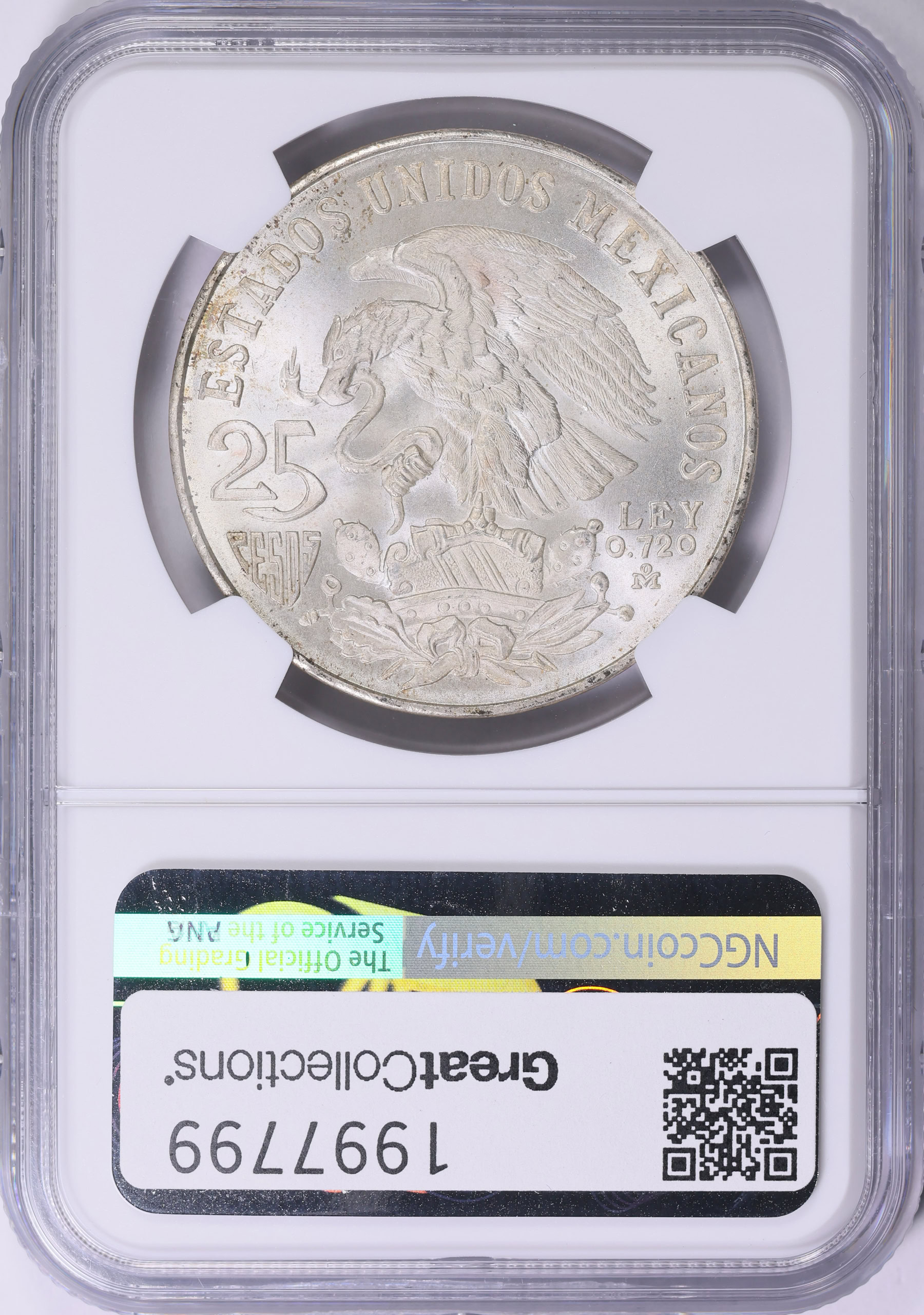 Mexico 1968-Mo Silver 25 Pesos Olympics Type 1 KM-479.1 NGC MS-66