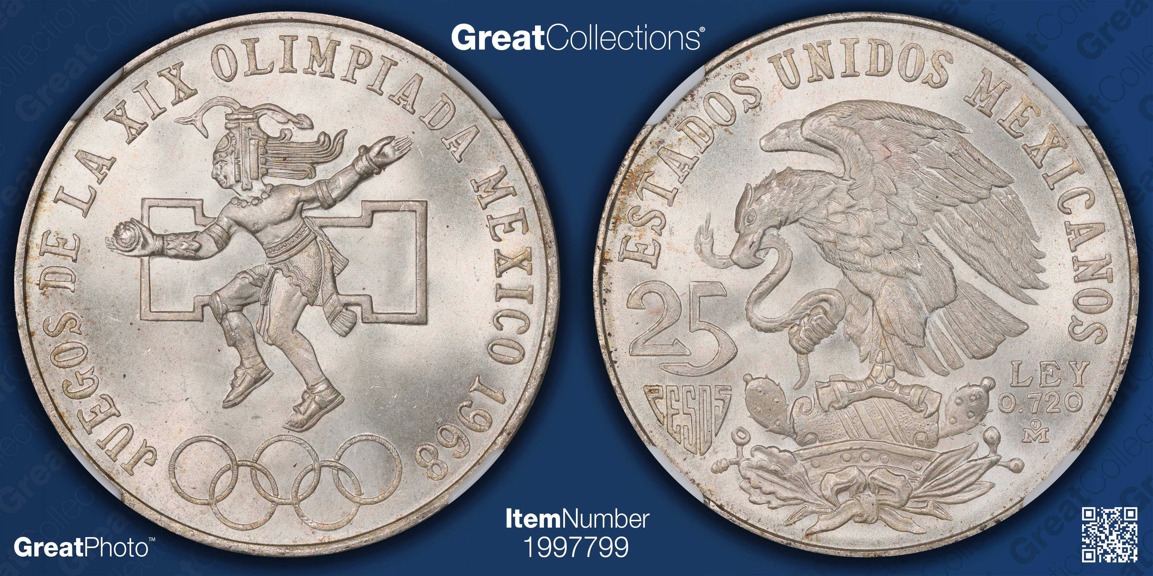 Mexico 1968-Mo Silver 25 Pesos Olympics Type 1 KM-479.1 NGC MS-66