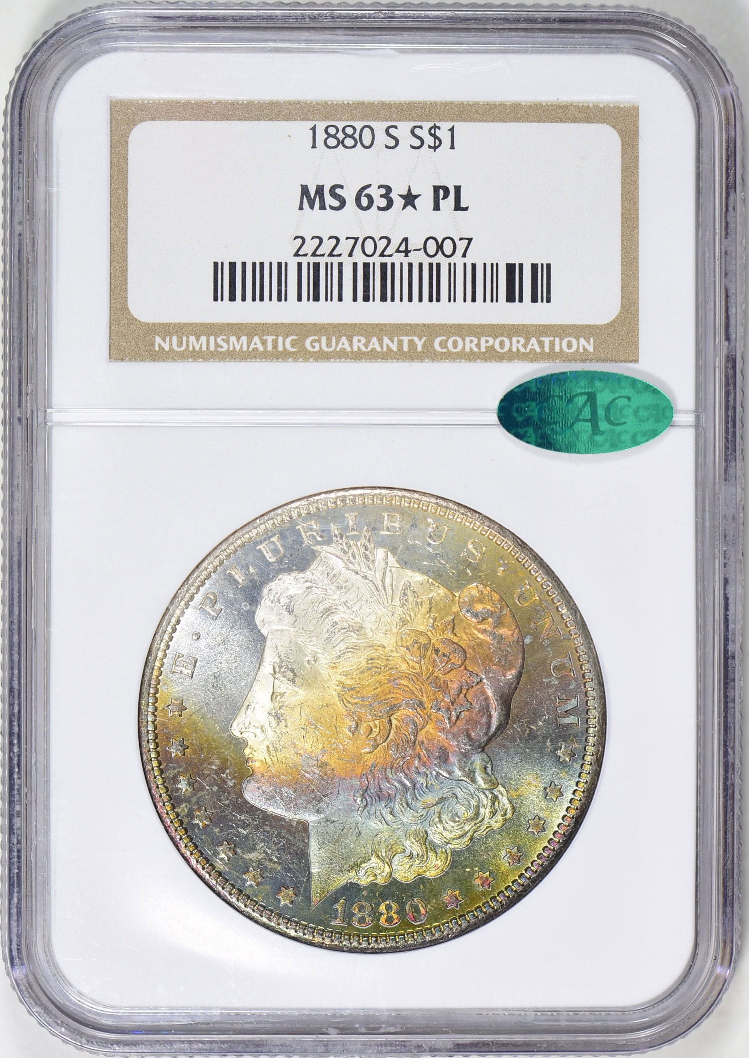 1880-S Morgan Silver Dollar NGC MS-63 ☆ PL (CAC Green) (Toned