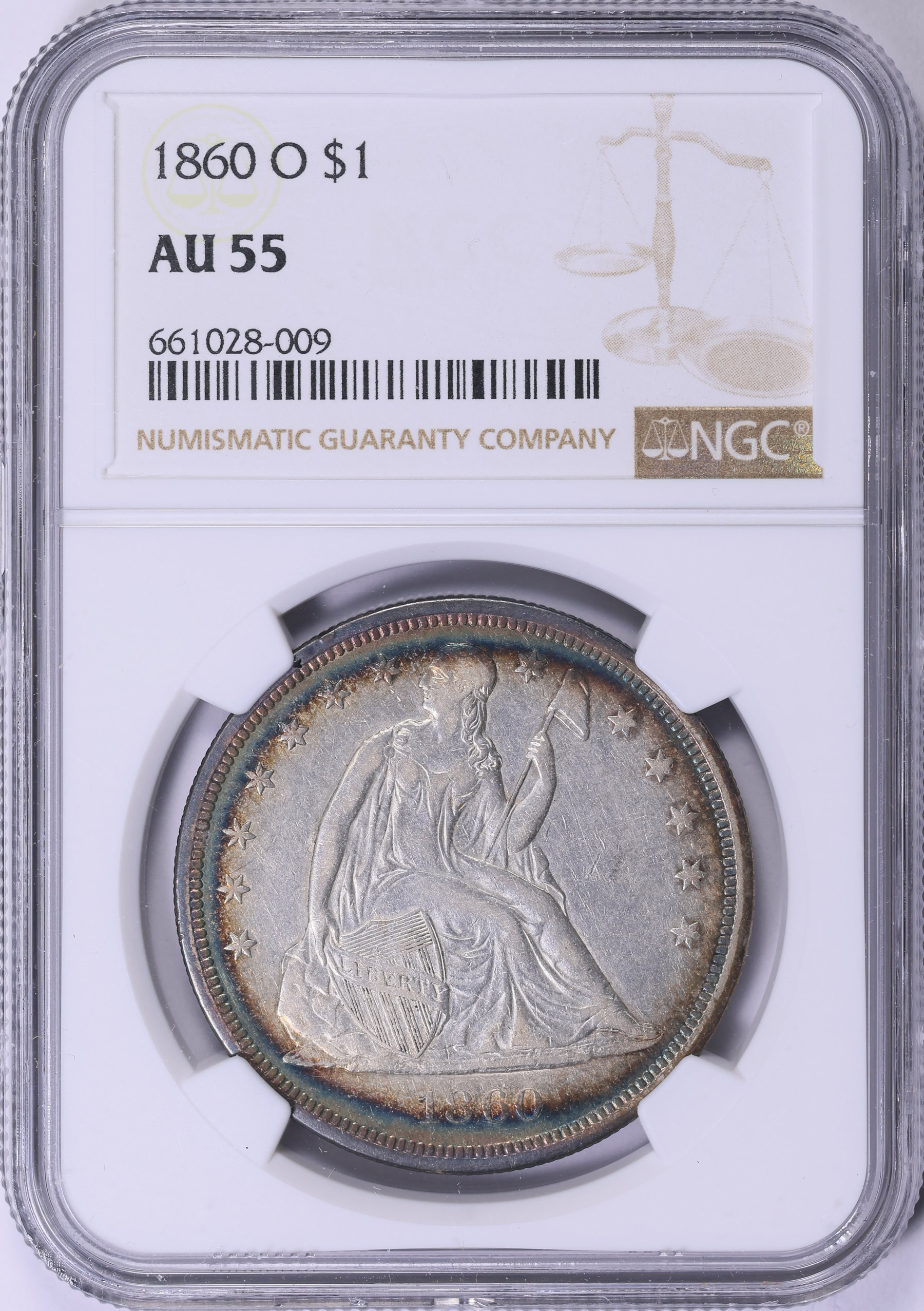 1860-O Seated Liberty Silver Dollar NGC AU-55 (Toned) (Item