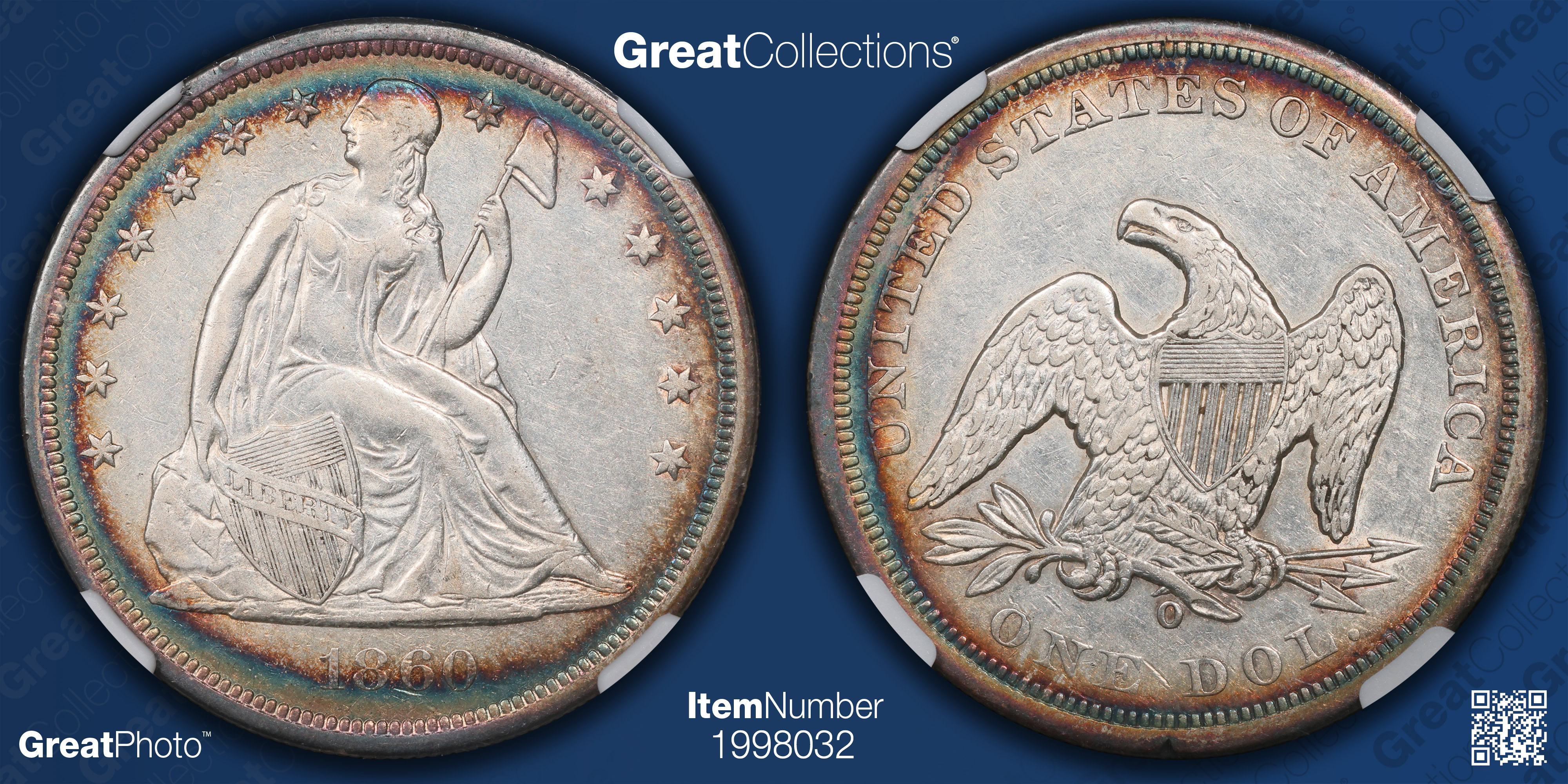 1860-O Seated Liberty Silver Dollar NGC AU-55 (Toned) (Item