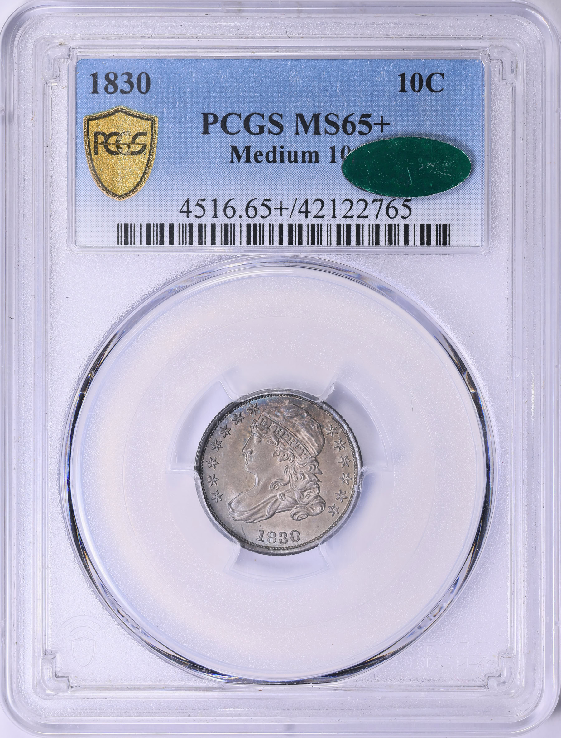 1830 Capped Bust Dime Medium 10C PCGS MS-65+ (CAC Green) (Toned
