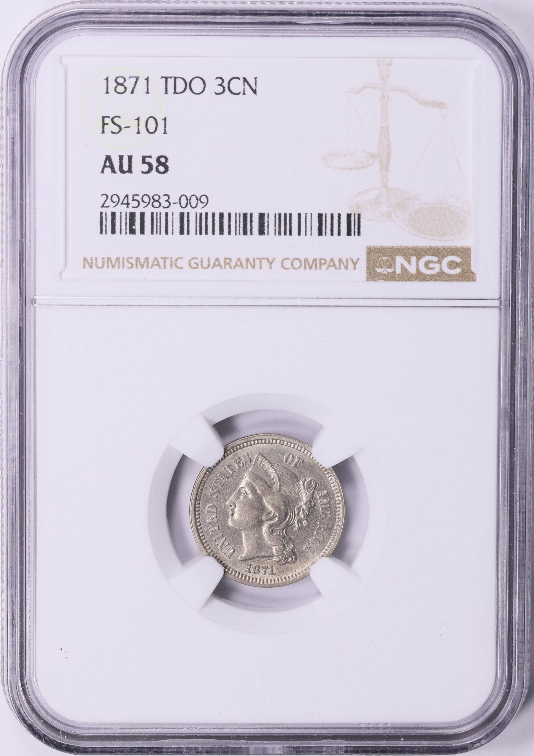 1871 Nickel Three-Cent Piece Tripled Die Obverse FS-101 NGC AU-58