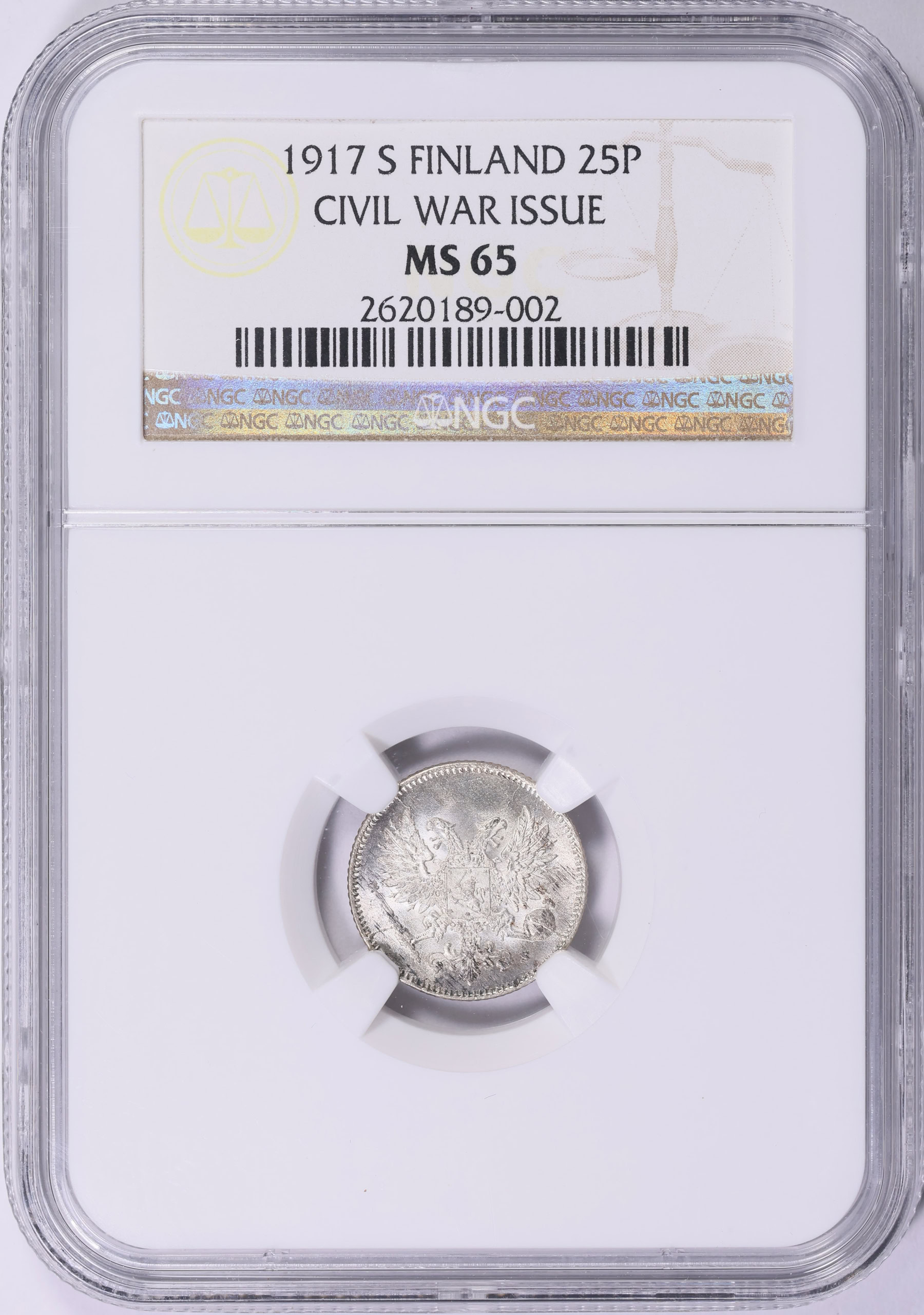 Finland 1917-S Silver 25 Pennia Without Crowns KM-19 NGC MS-65