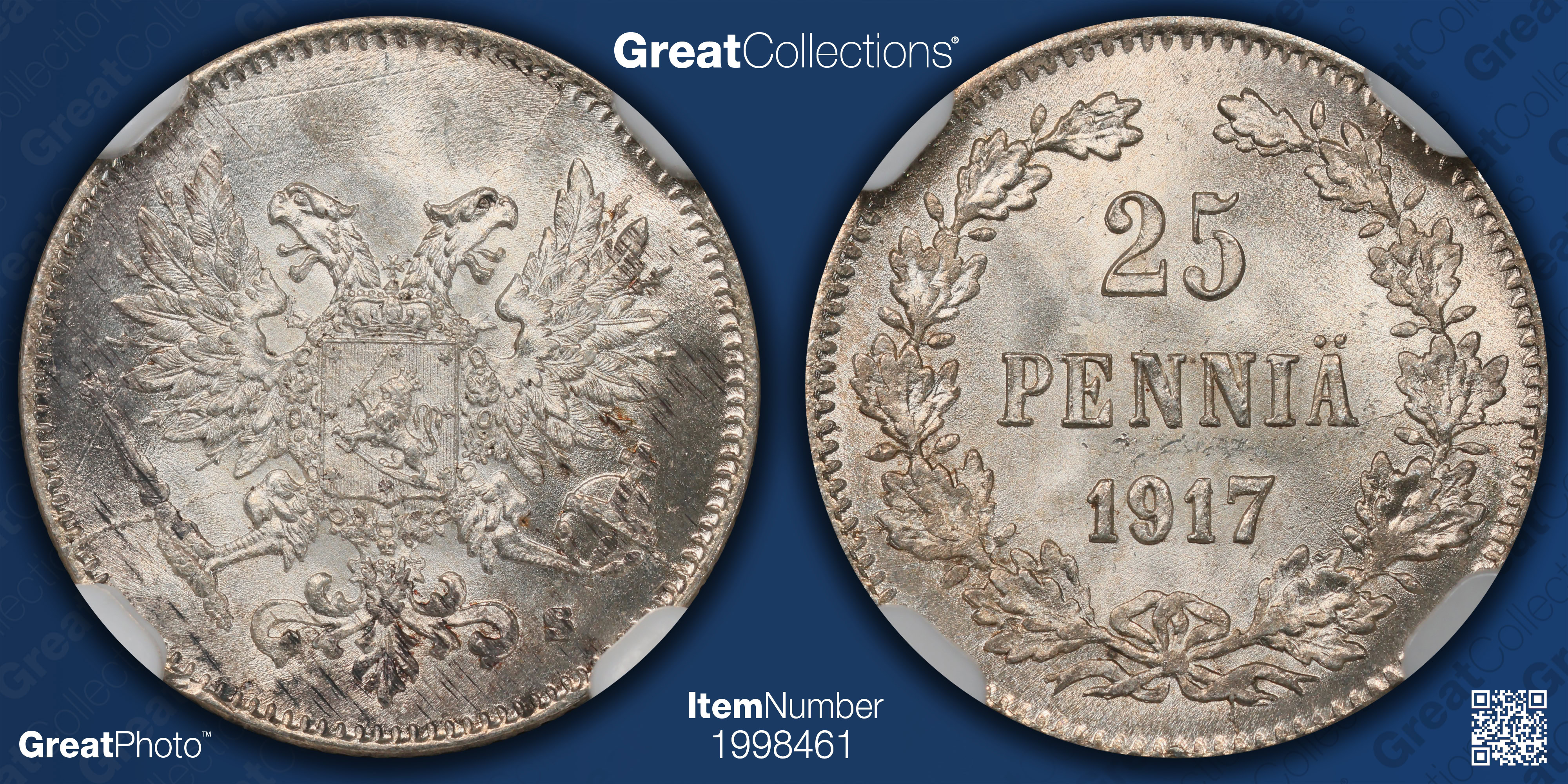 Finland 1917-S Silver 25 Pennia Without Crowns KM-19 NGC MS-65