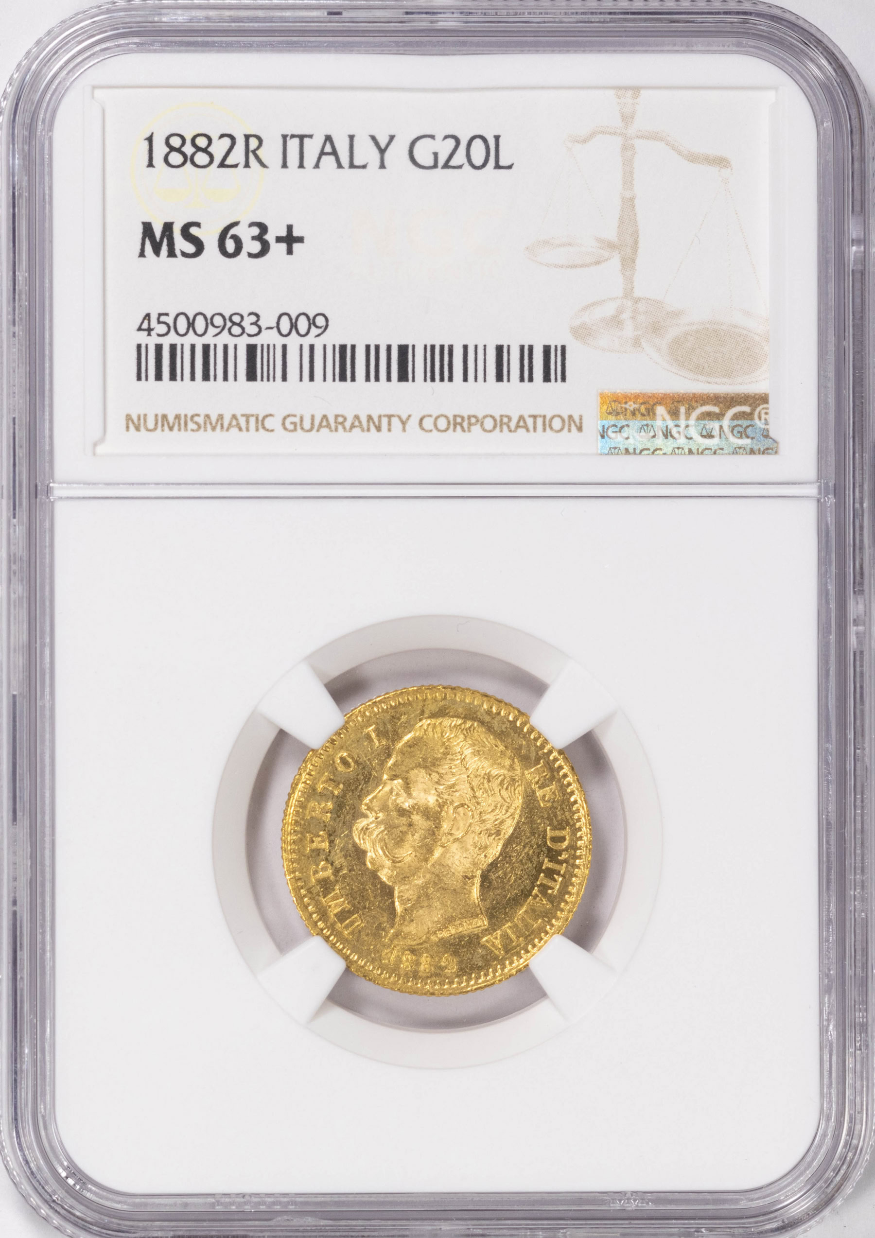 Italy 1882-R Gold 20 Lire KM-21 NGC MS-63+ (AGW = 0.1867 oz
