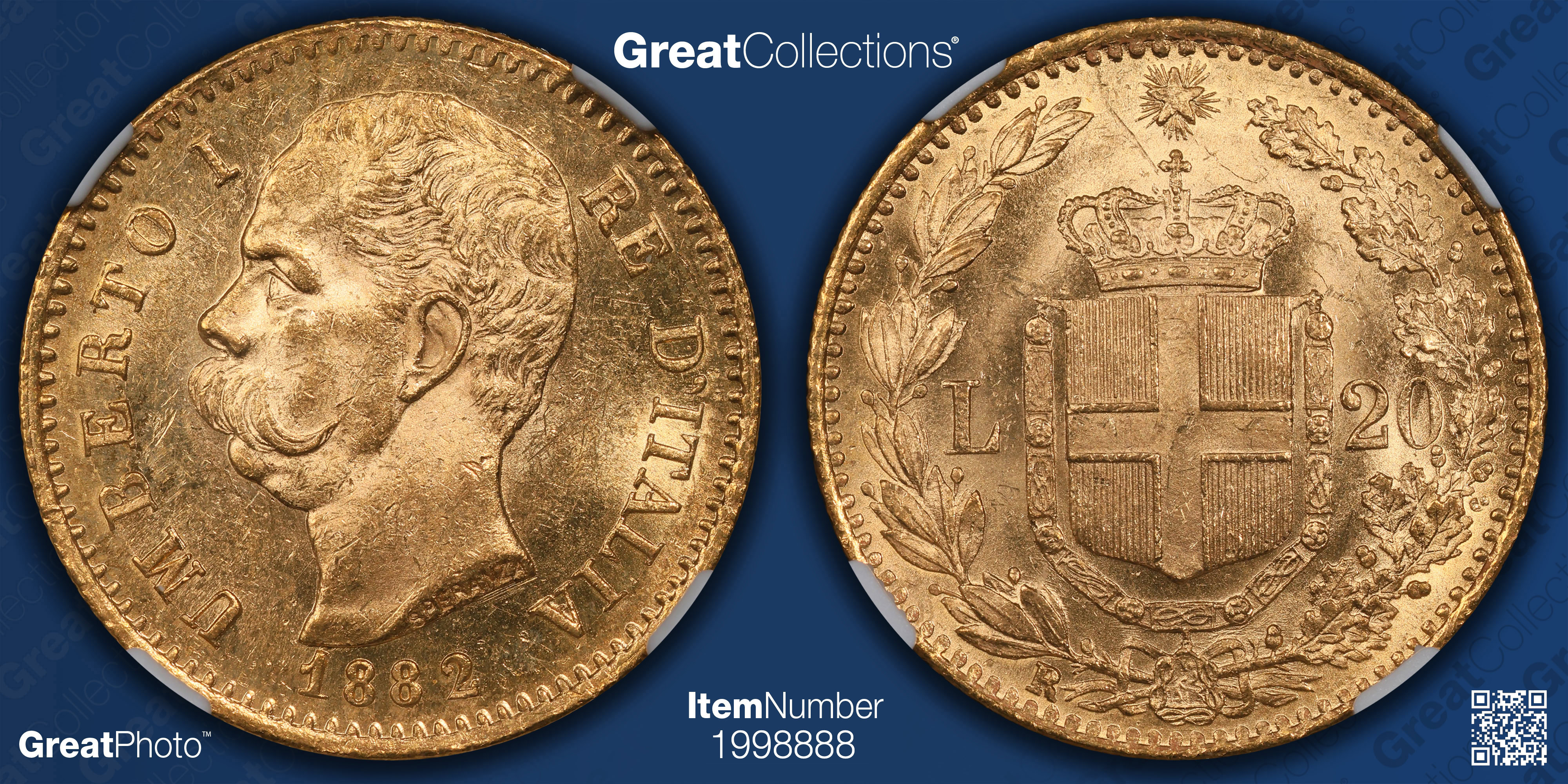 ゴールデンマイカ Italy 1882-R Gold 20 Lire KM-21 NGC MS-63+ (AGW = 0.1867 oz