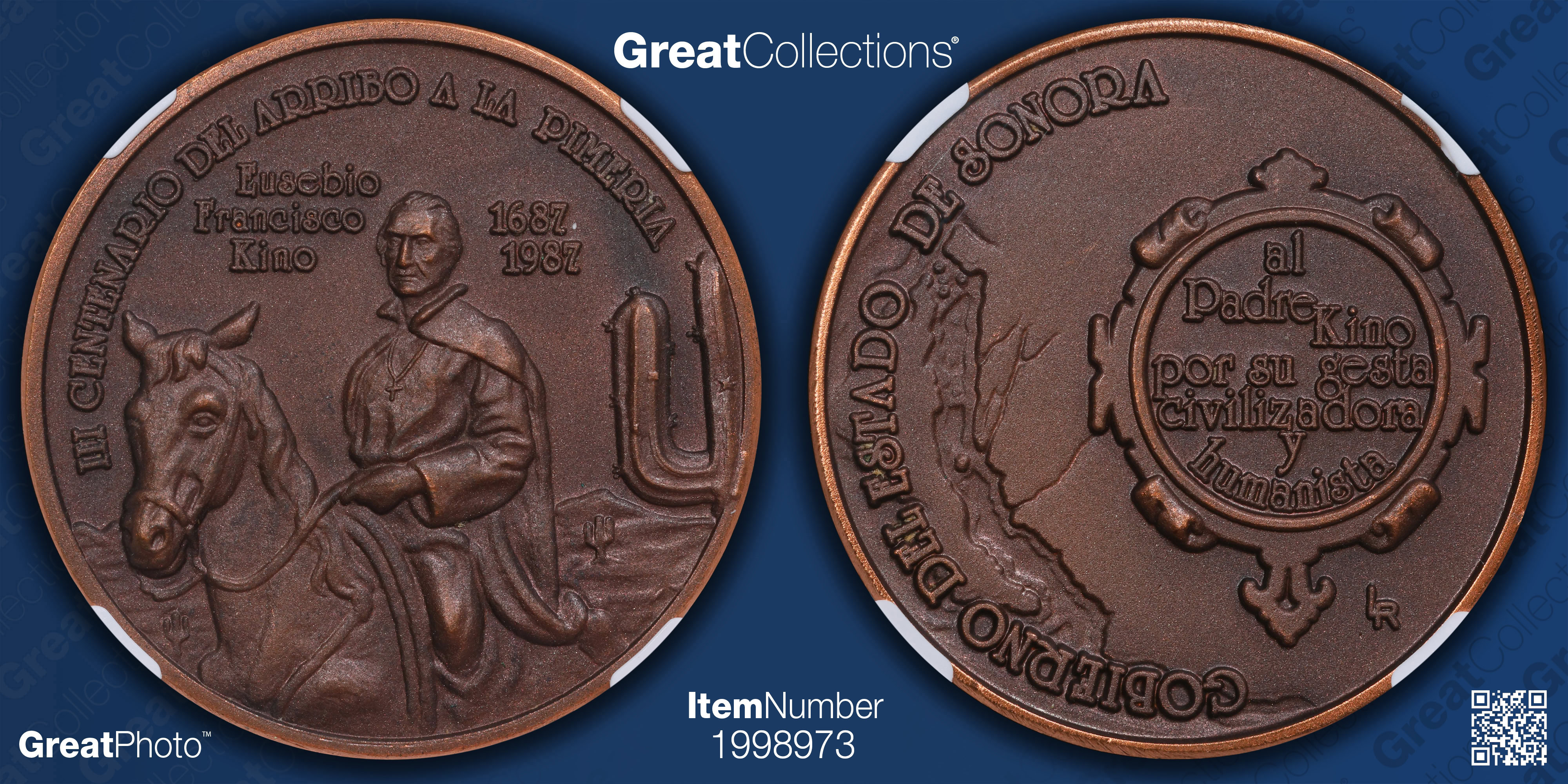 Mexico 1987 Bronze 38mm Eusebio Francisco Kino's Arrival 300th