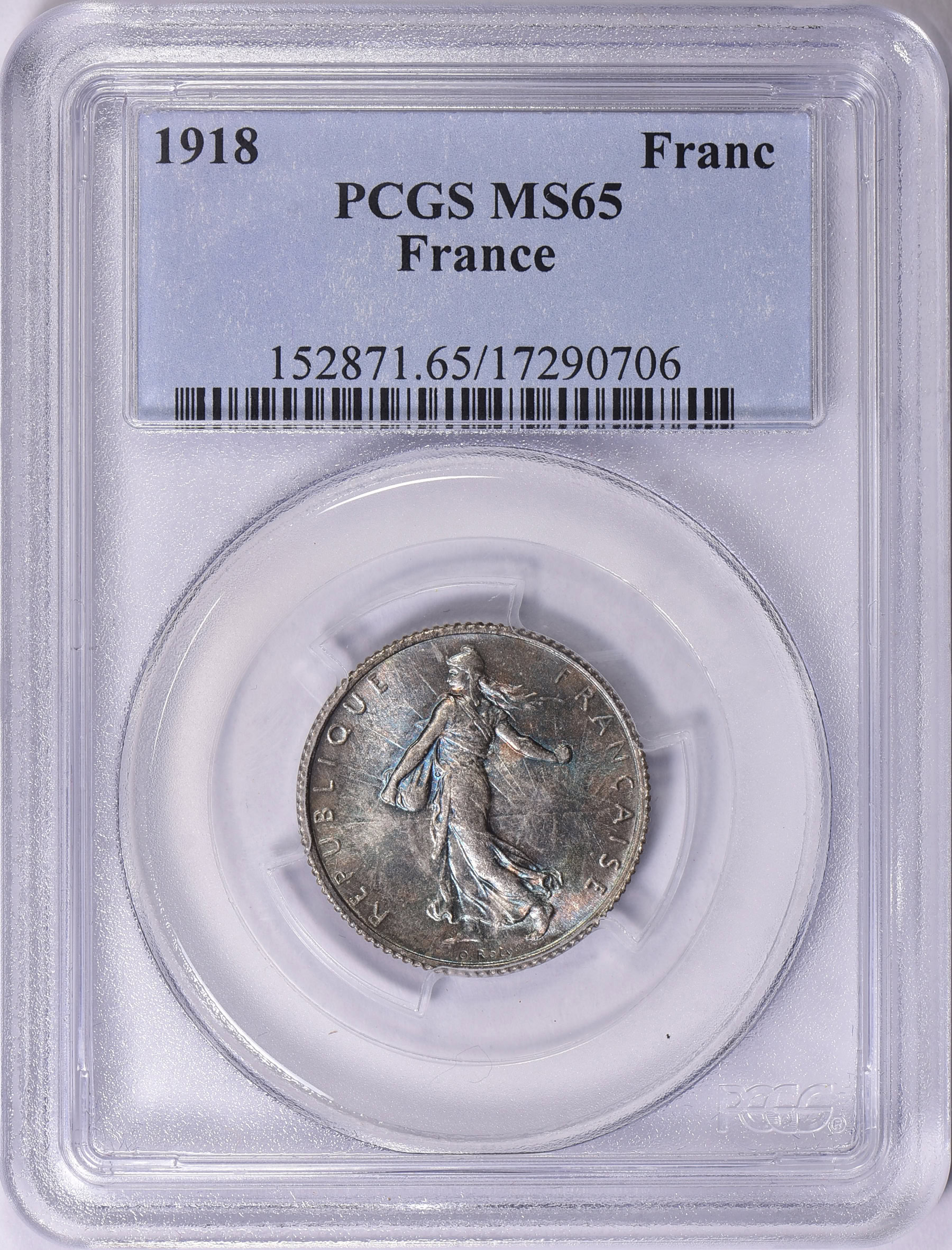 France 1918 Silver Franc KM-844.1 PCGS MS-65 (Toned) (Item 1999103