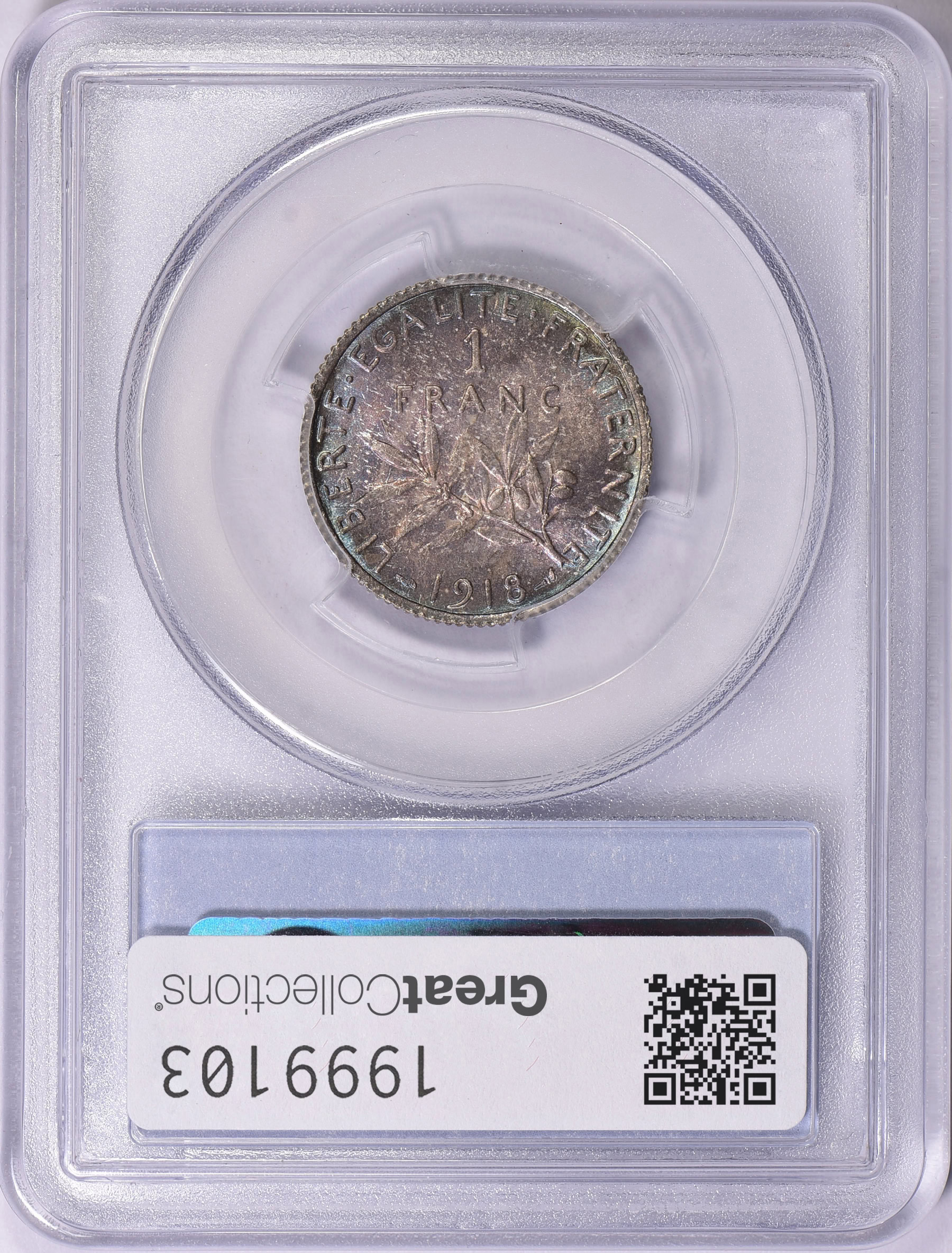 France 1918 Silver Franc KM-844.1 PCGS MS-65 (Toned) (Item 1999103