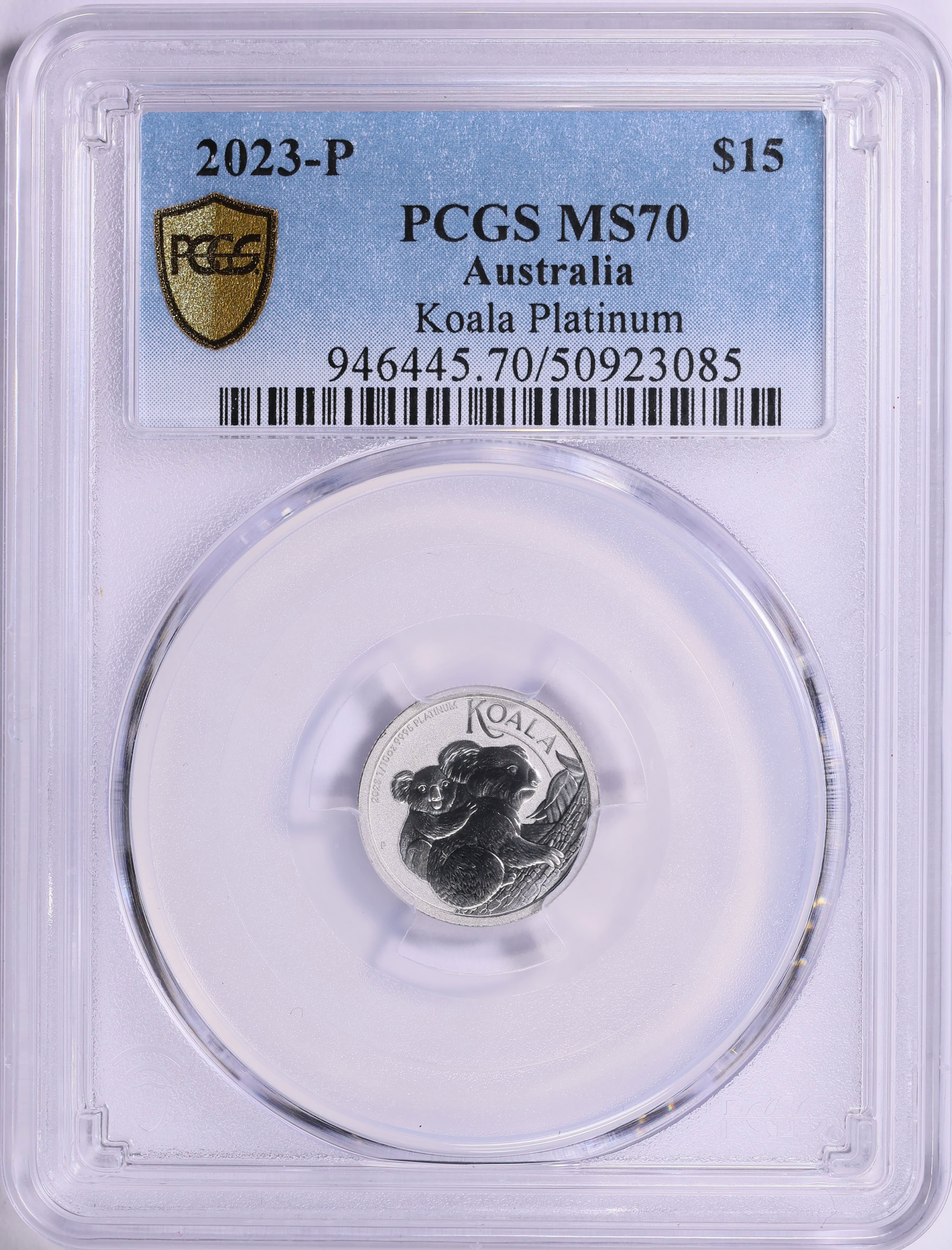 Australia 2023-P Platinum $15 Koala PCGS MS-70 (APtW = 0.10 oz