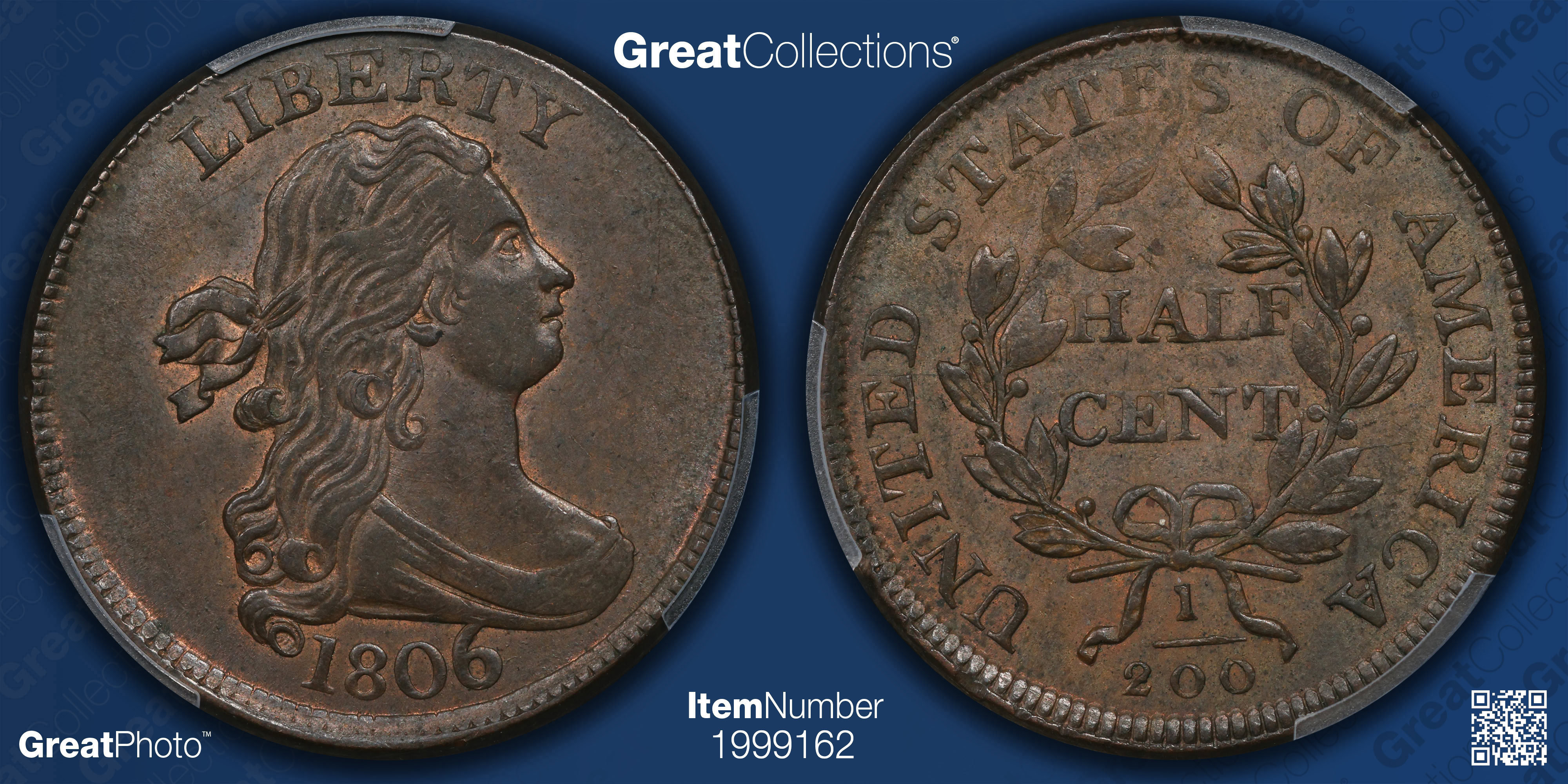 1806 Draped Bust Half Cent Large 6, Stems PCGS MS-62 BN (CAC Green
