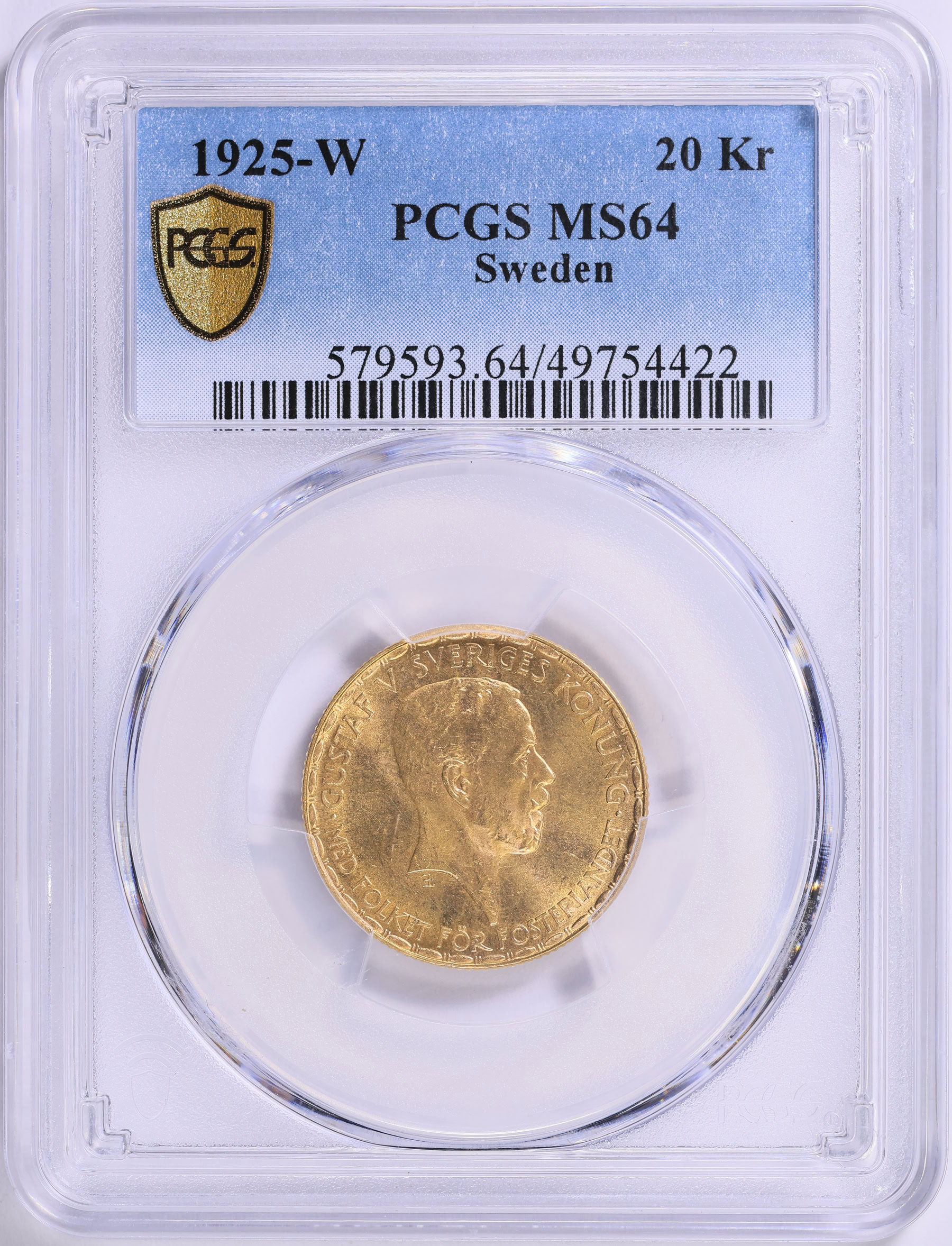 Sweden 1925-W Gold 20 Kronor KM-800 PCGS MS-64 (AGW = 0.2593 oz