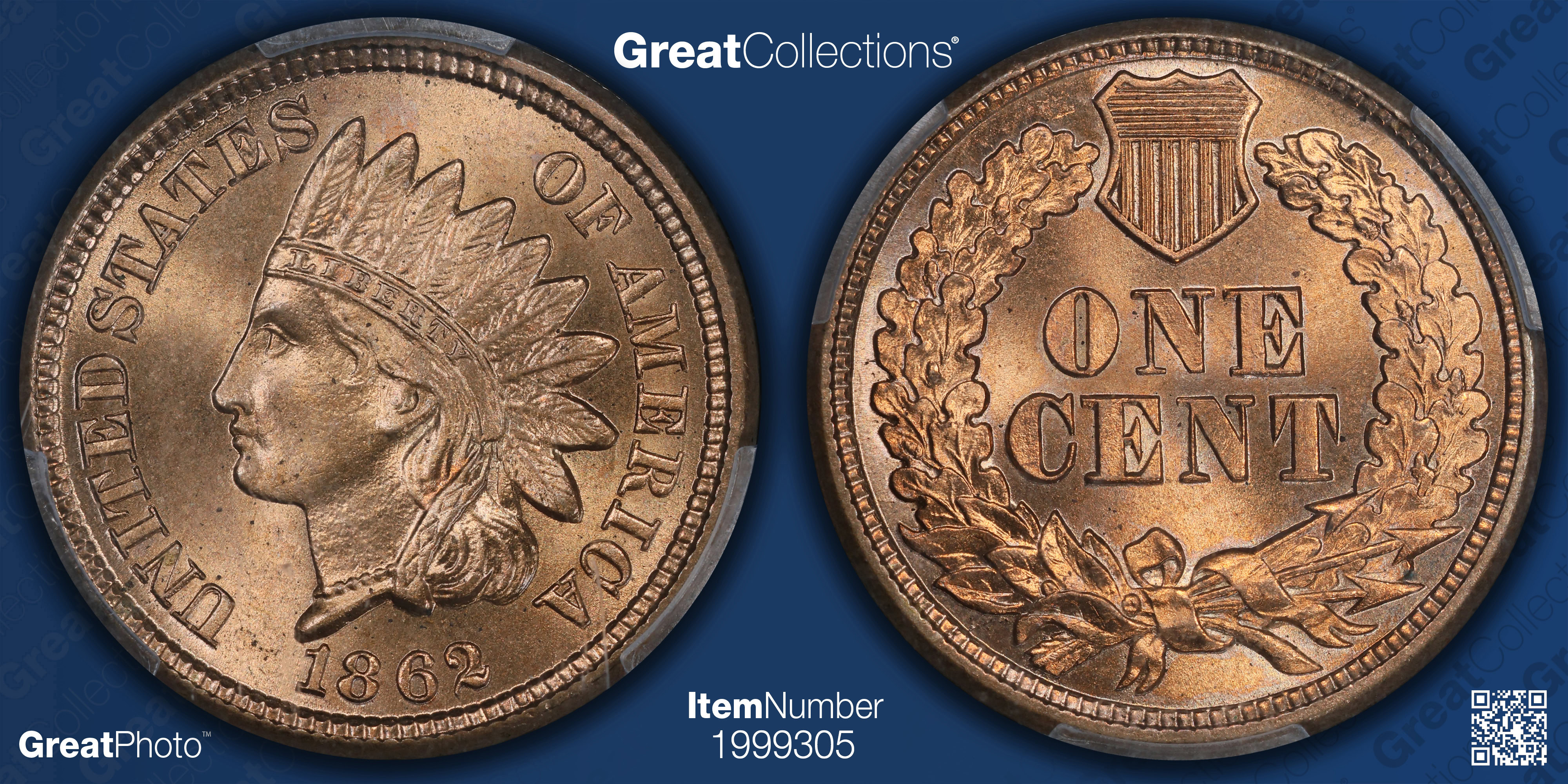 1862 Indian Cent PCGS MS-67+ (CAC Green) (Item 1999305