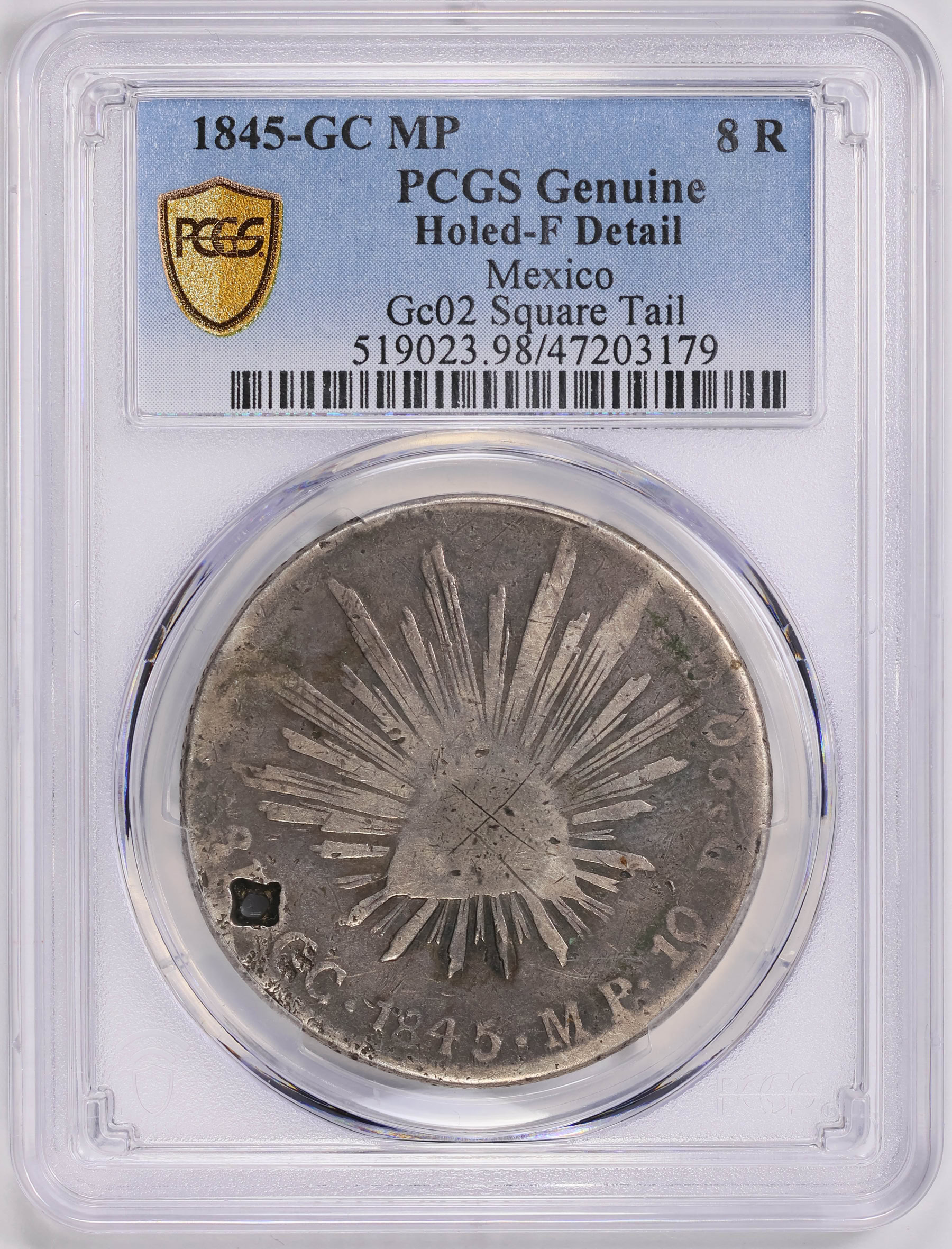 Mexico 1845-GC MP Silver 8 Reales Square Tail KM-377.7 PCGS